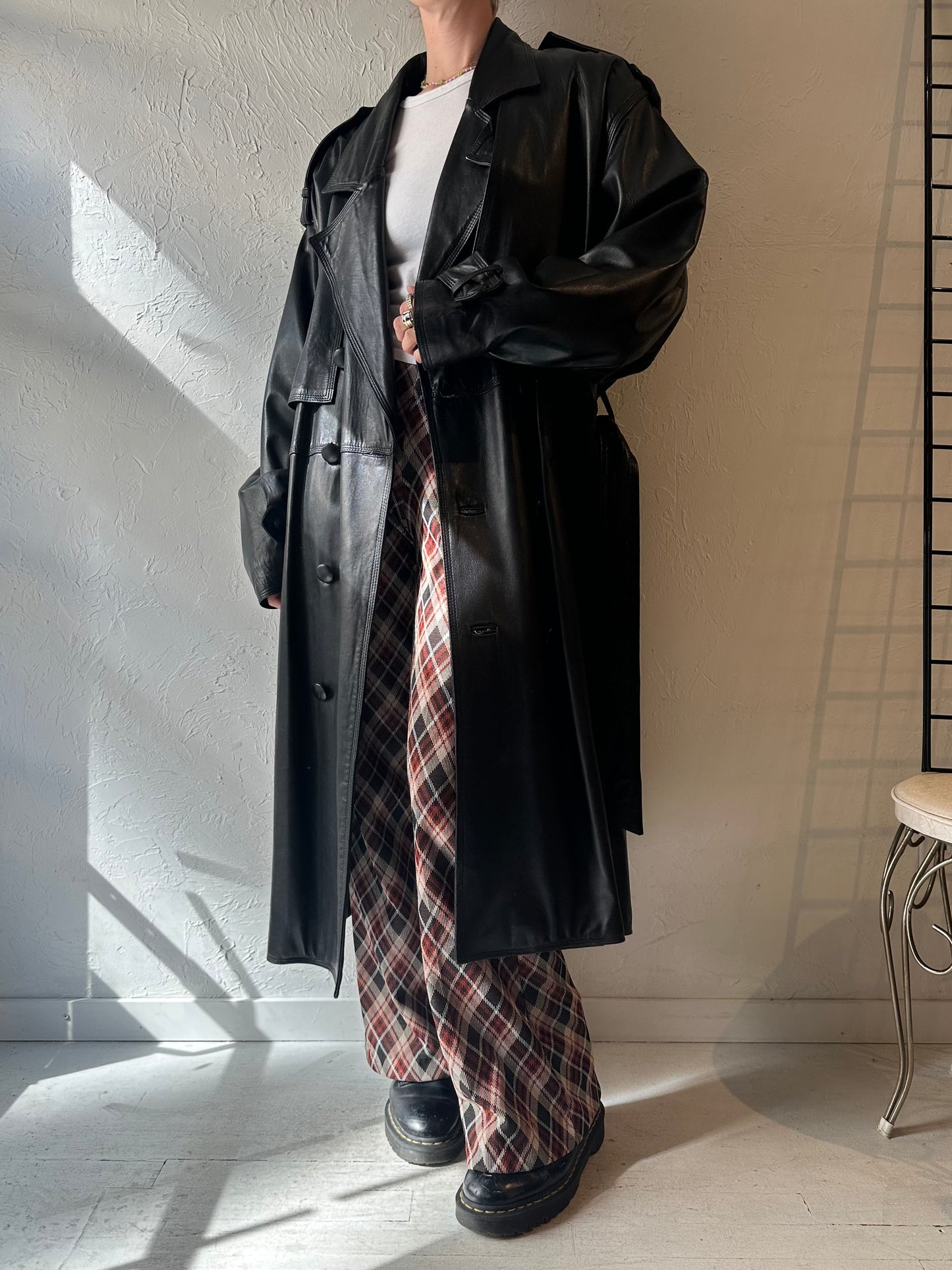 90s 'Nancy Lord' Black Leather Trench Coat / Large