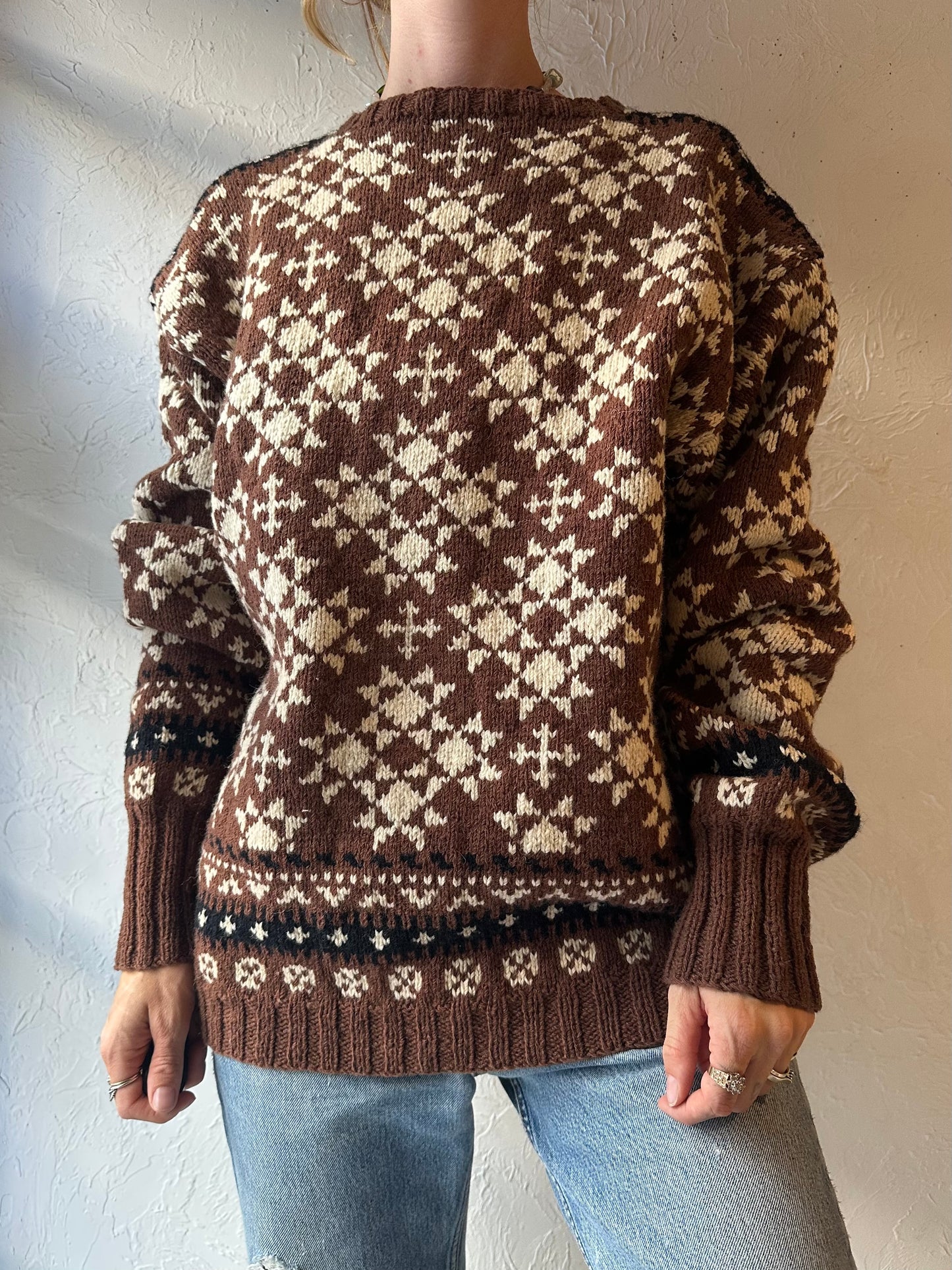 Vintage Hand Knit Brown Wool Sweater / Large