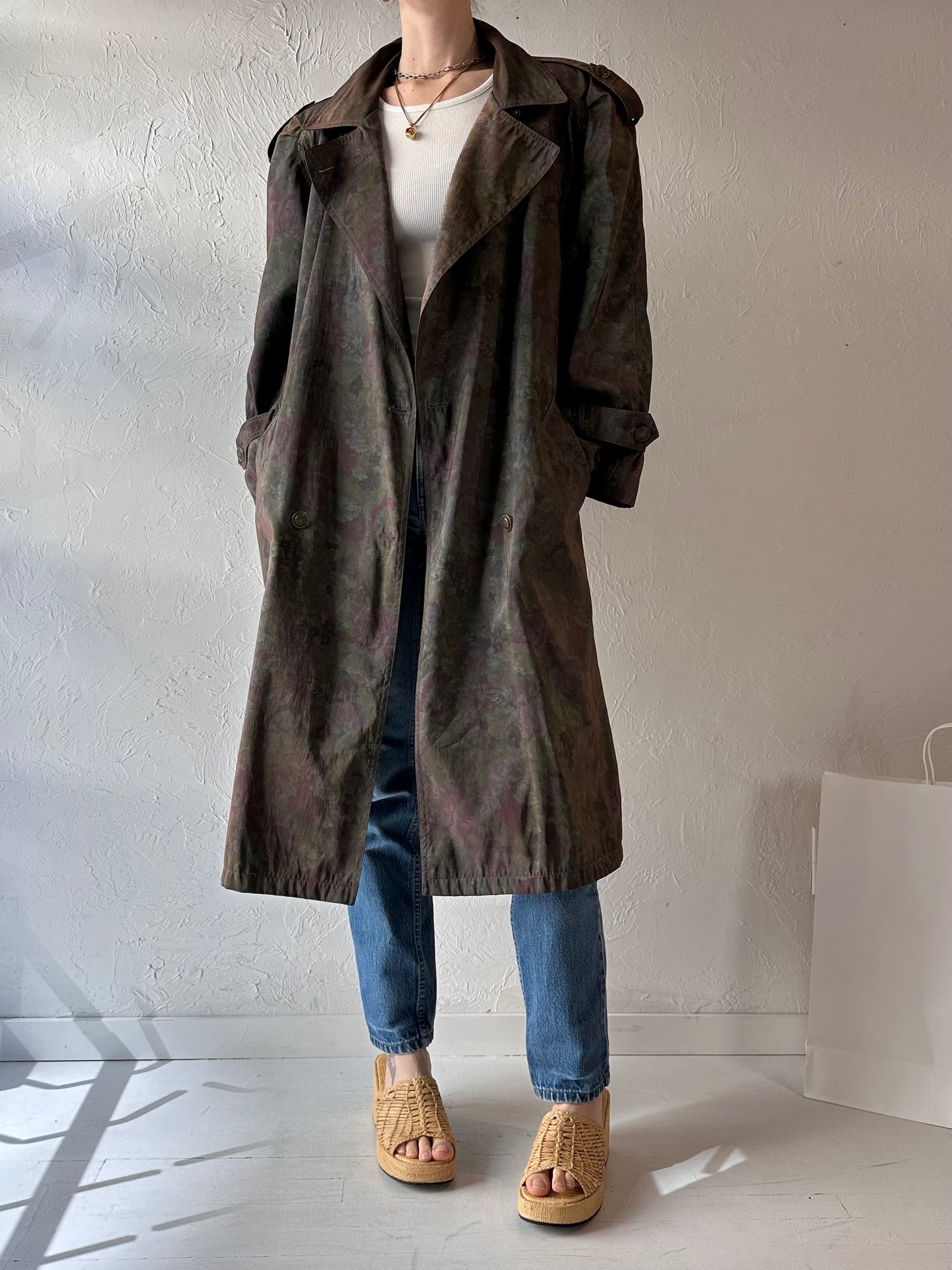 Vintage 'London Fog' Green Floral Light Weight Trench Coat / Medium - Large