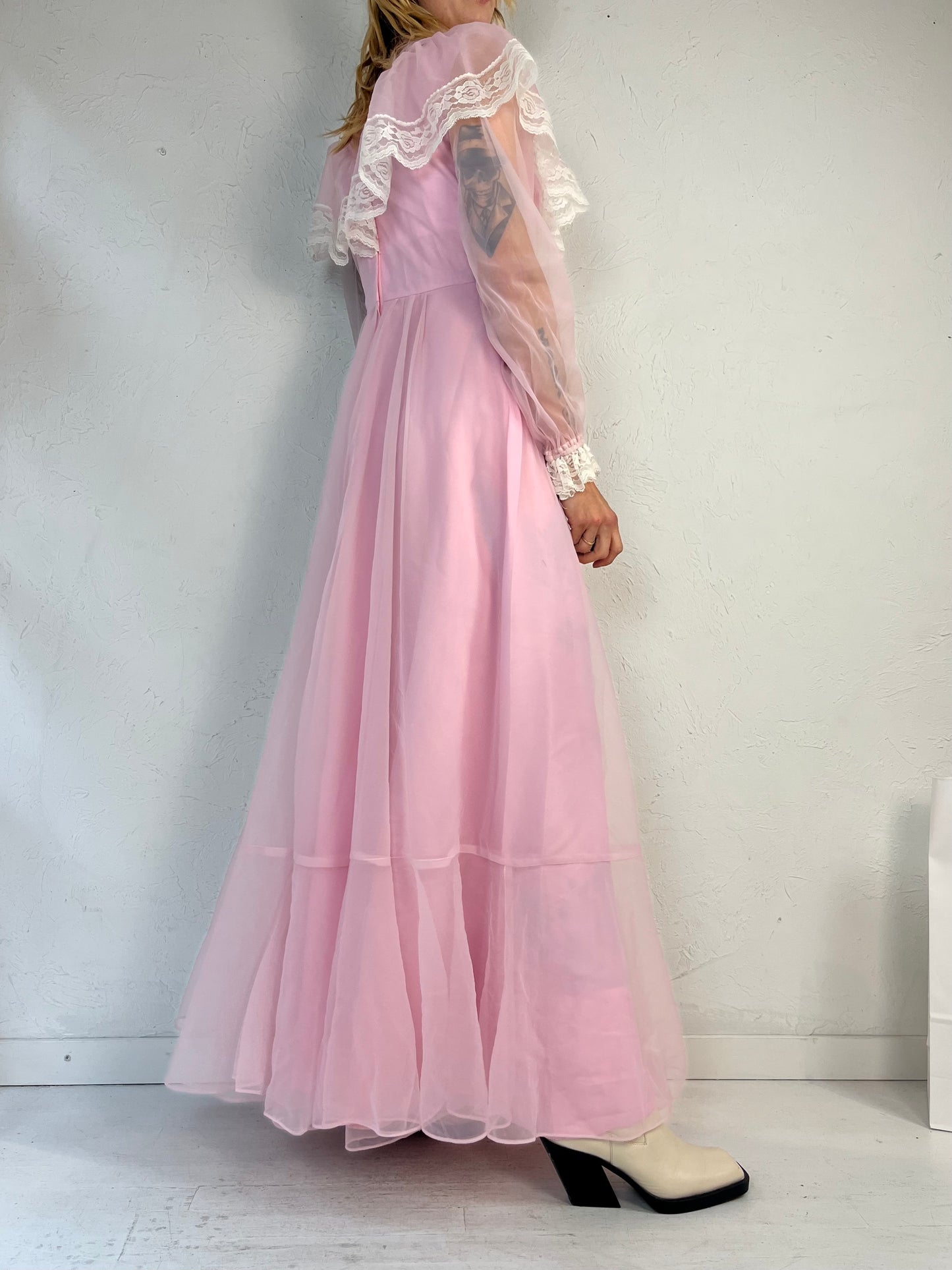 Vintage 1970s Pink Cottage Core Maxi Dress / Union Made / Small