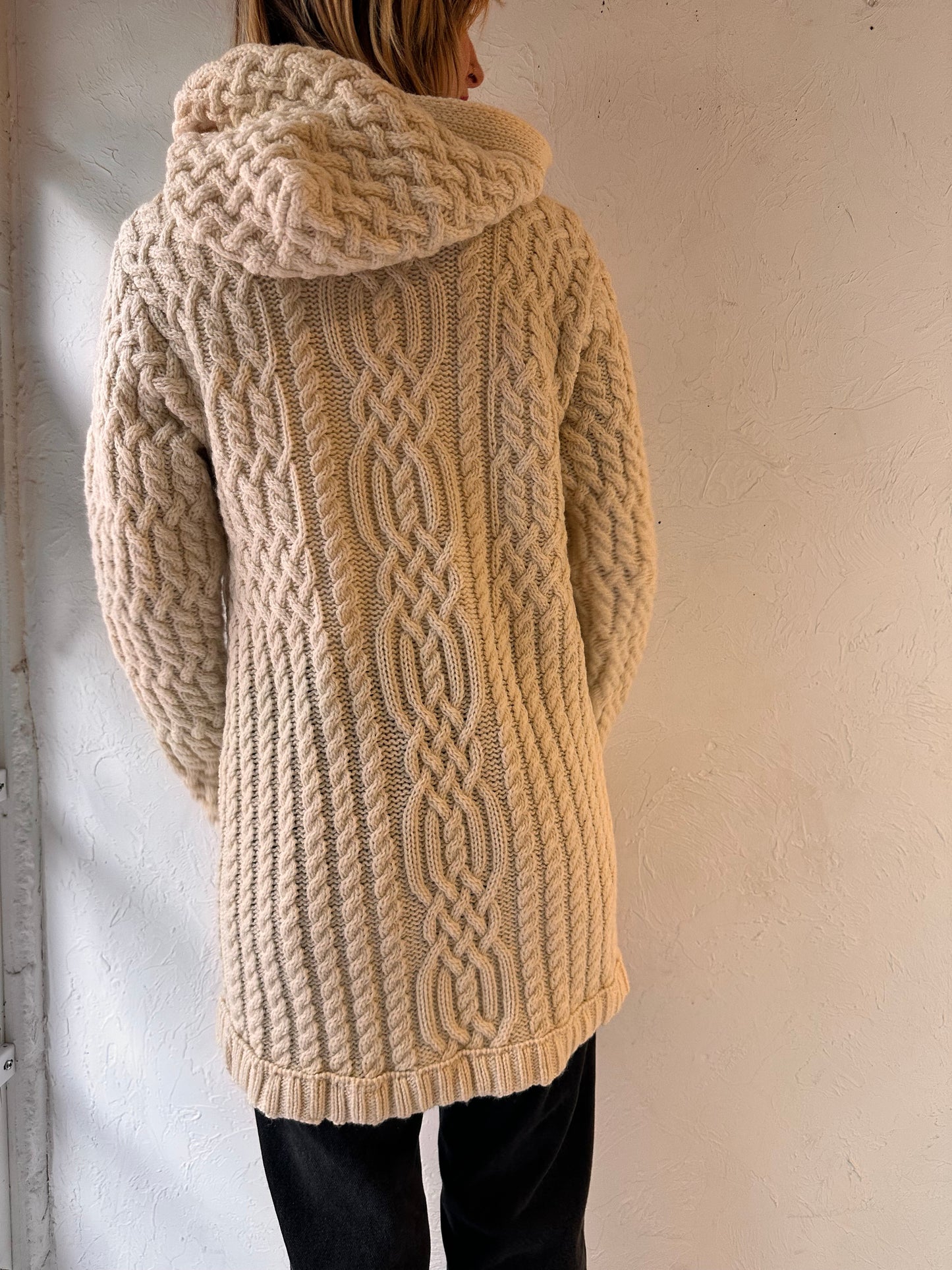 90s 'Arancrafts' Merino Wool Cream Cable Knit Cardigan Sweater / Medium
