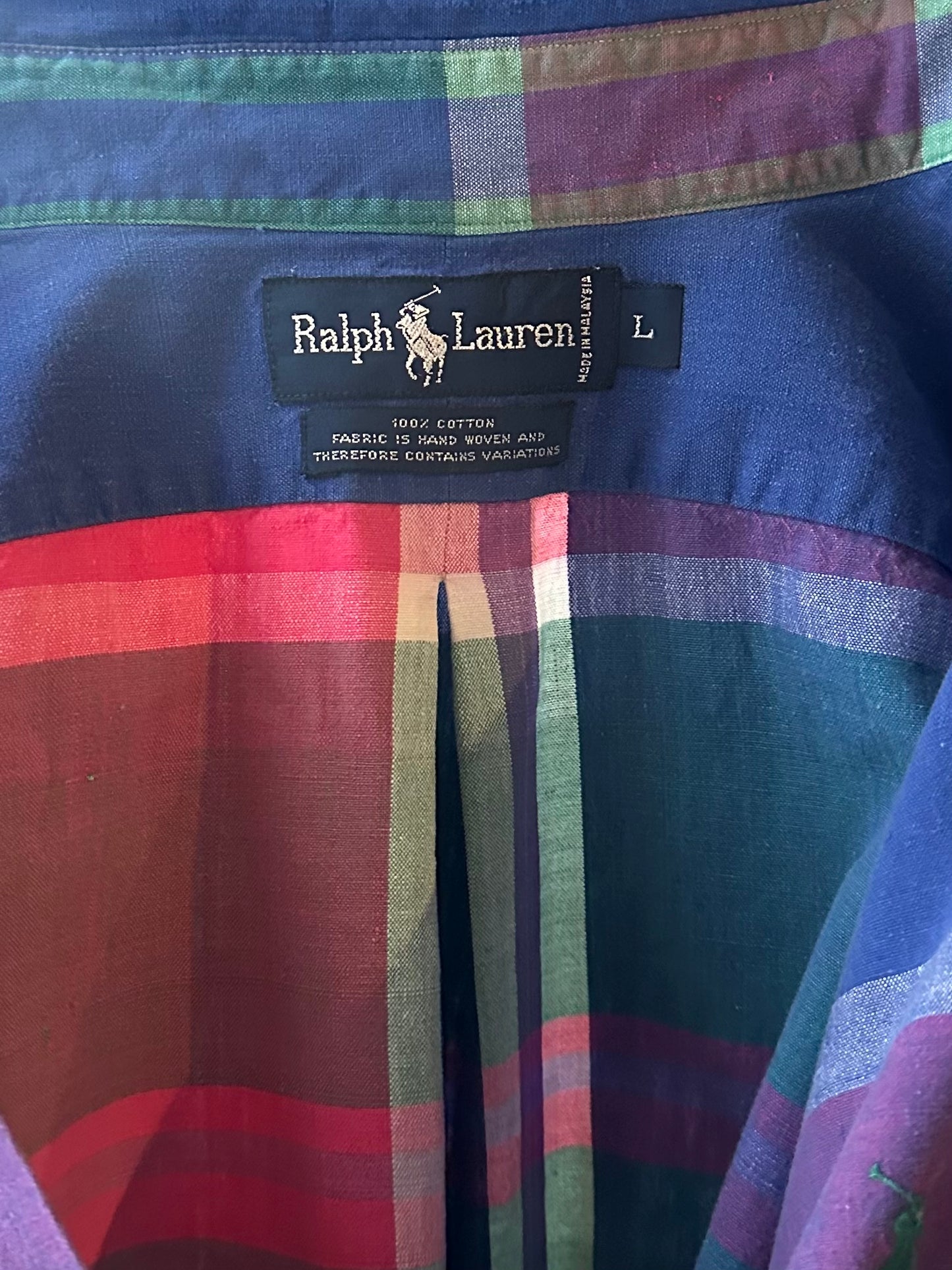 90s 'Ralph Lauren' Blue Plaid Cotton Button Up Shirt / Large