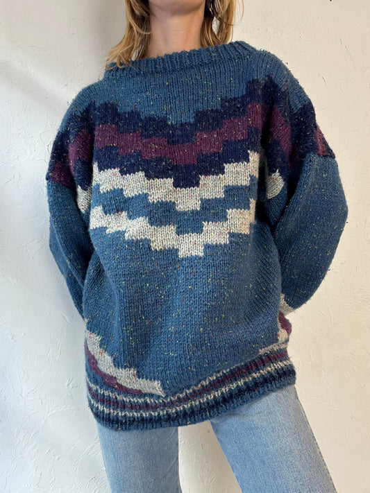 Vintage Hand Knit Blue Sweater / Large