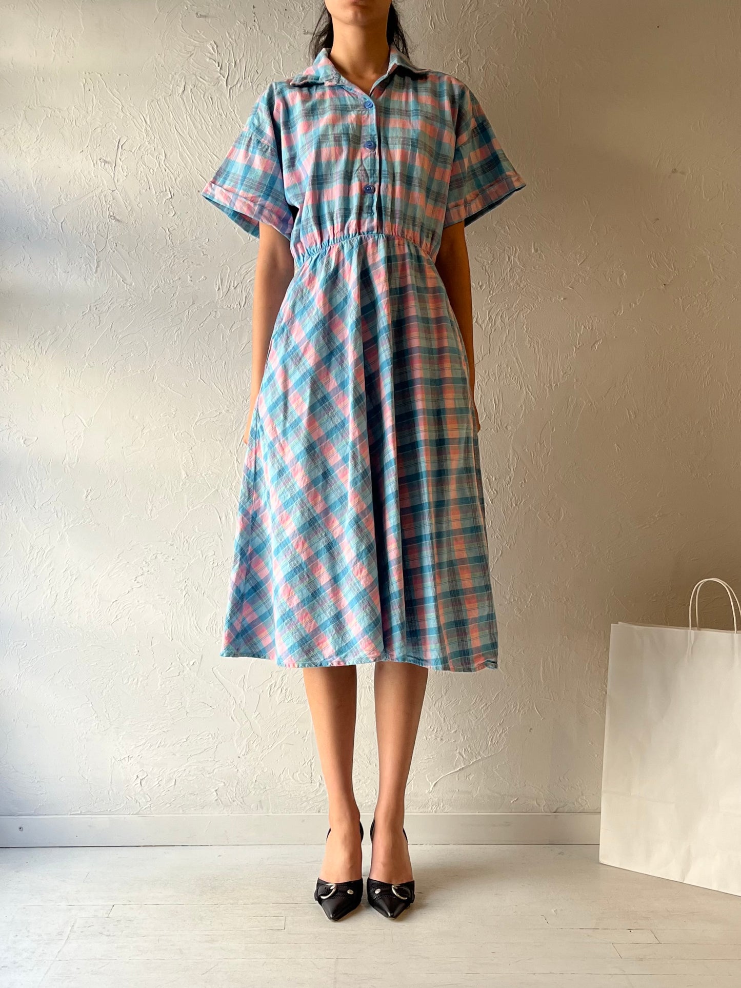 70s ‘Traditions Sears’ Blue Plaid Collared Dress / Small