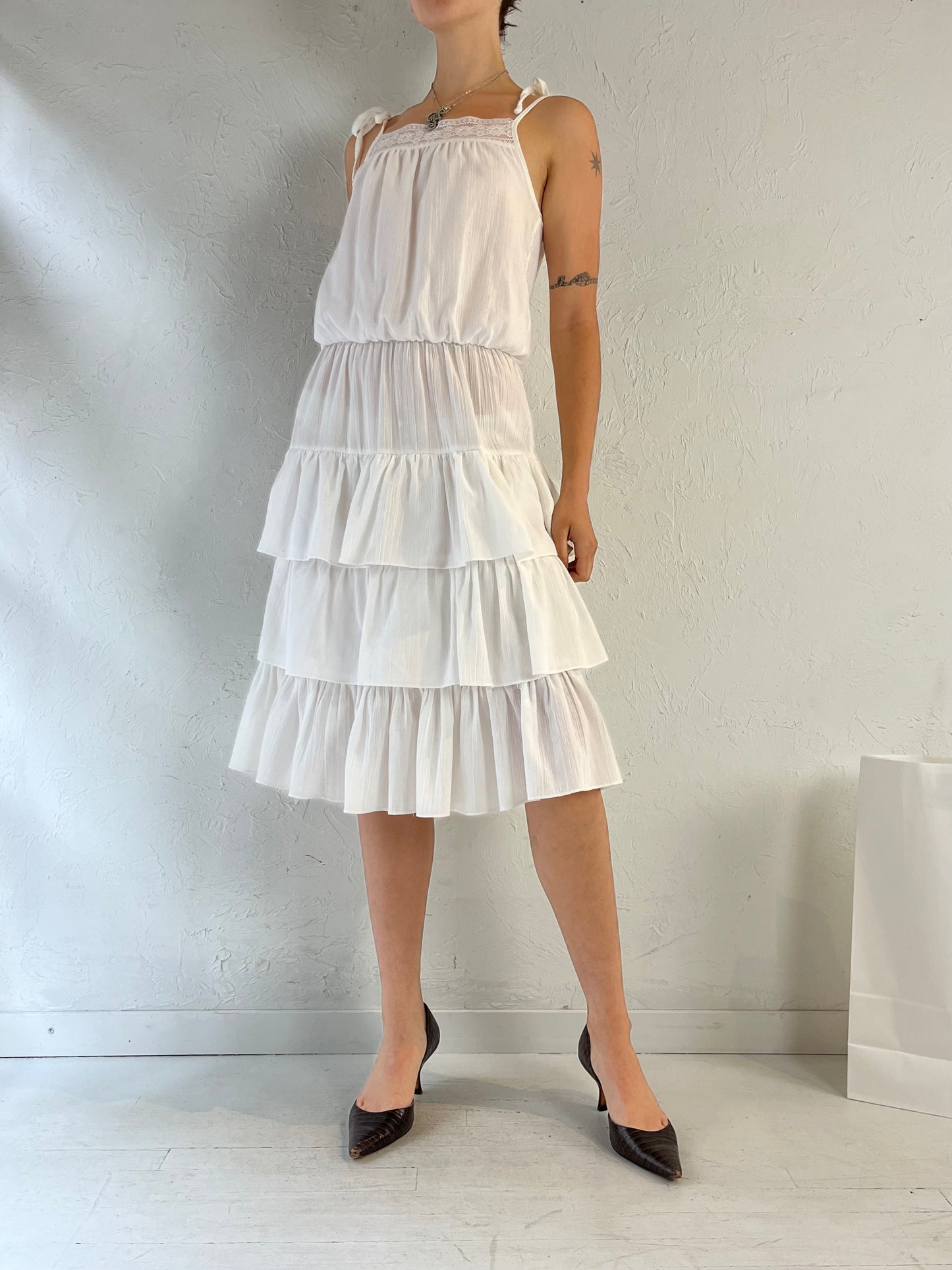 70s 'Joseph Ribkoff' White Tiered Midi Dress / Union Made / Small
