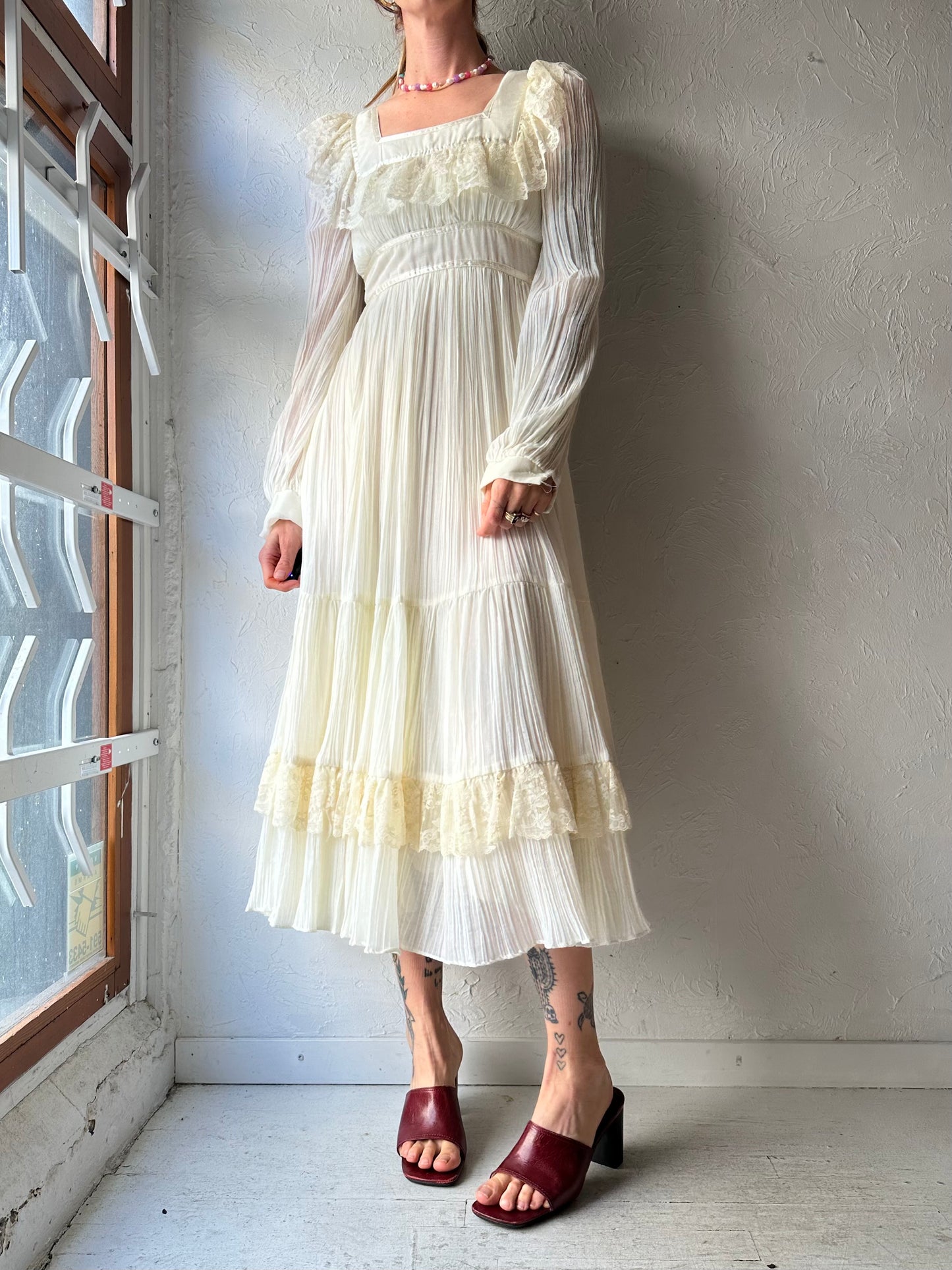 70s 'Gunne Sax' Cream Prairie Dress / Small