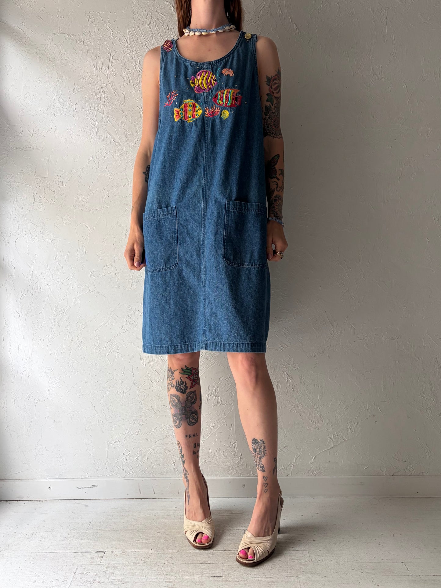 90s Embroidered Denim Fish Dress / Medium