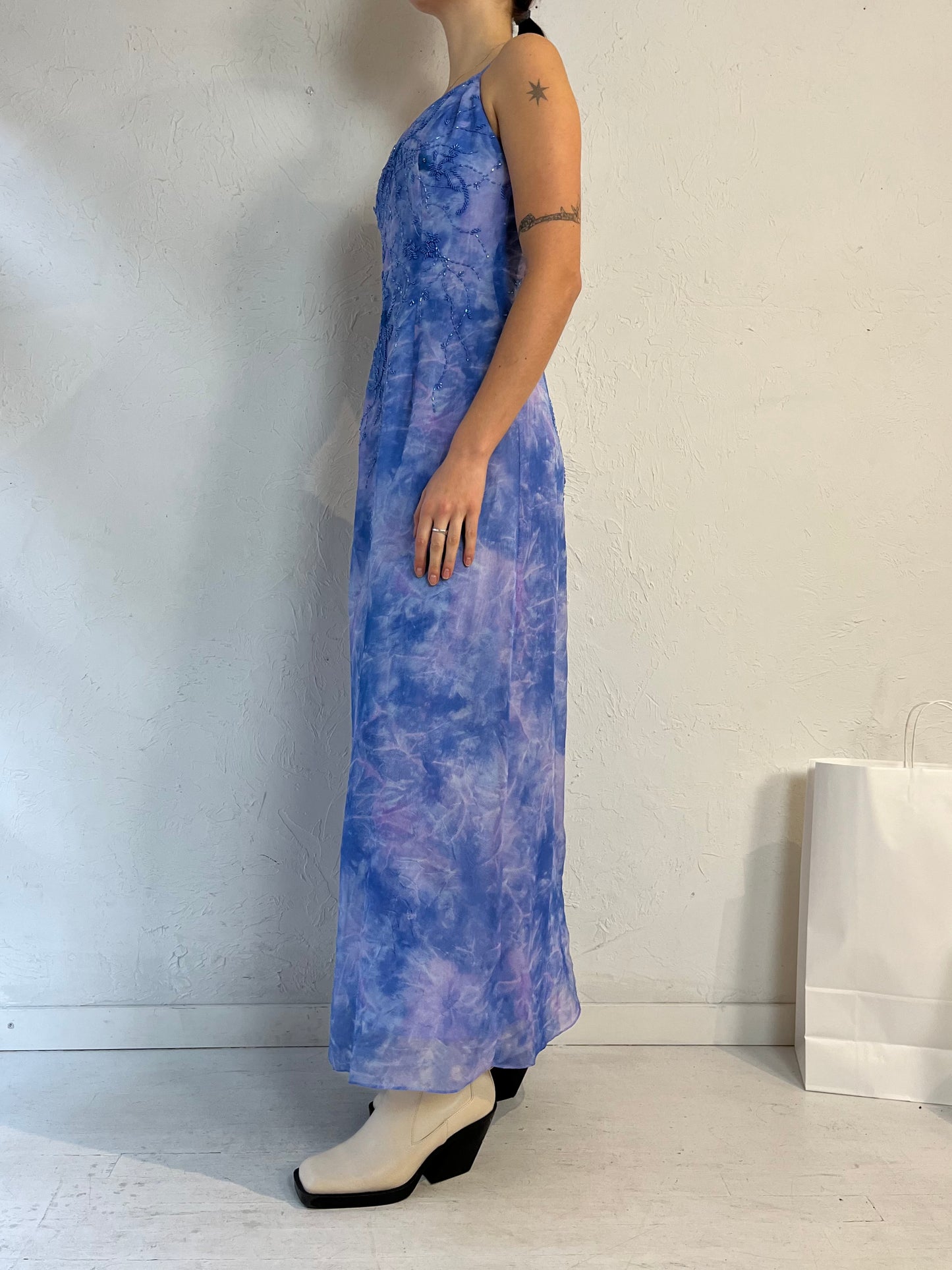 Vintage Handmade Blue Beaded Sleeveless Dress / Small