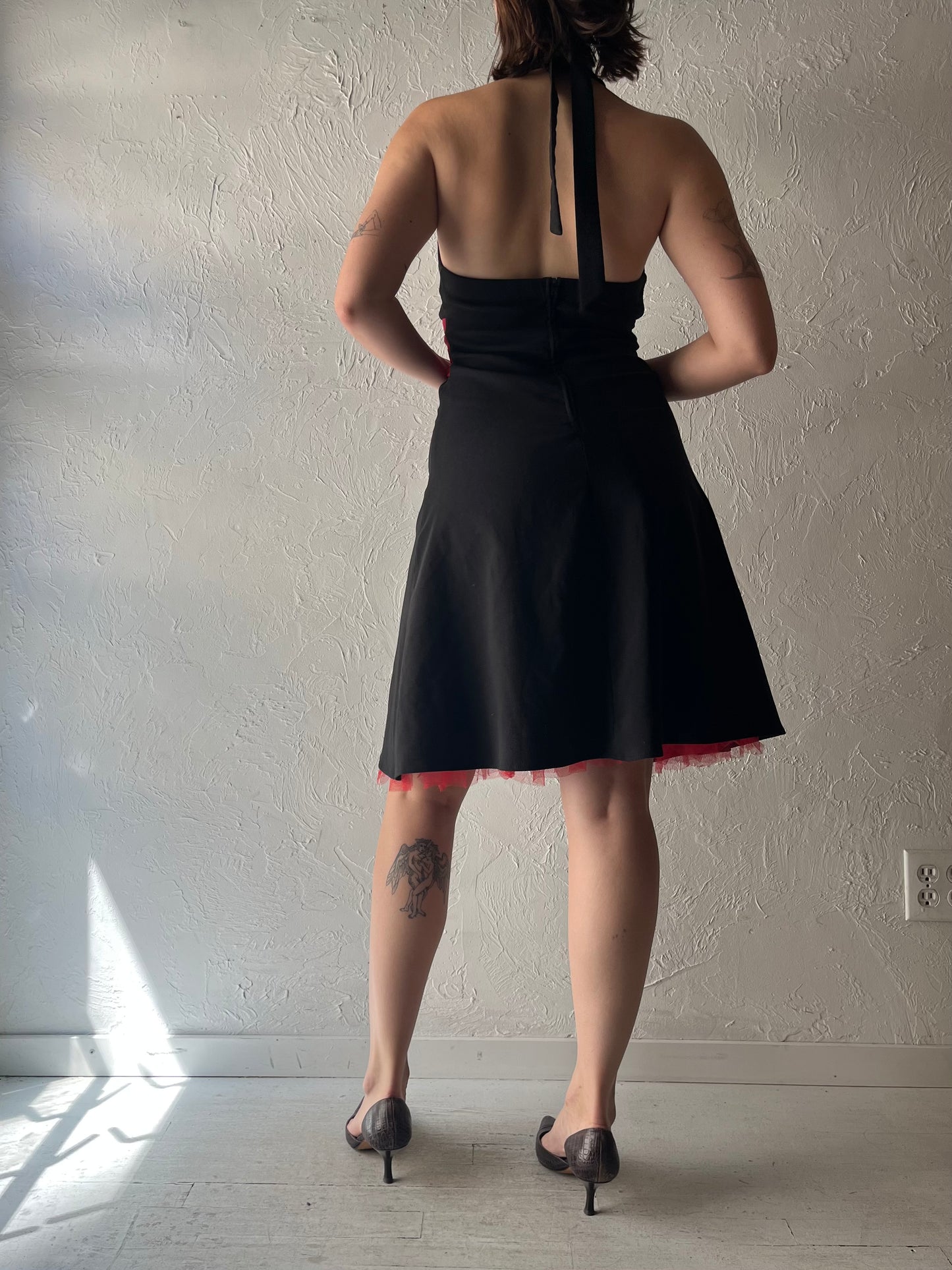 90s 'Ruby Rox' Black Pin Up Girl Halter Mini Party Dress / Small