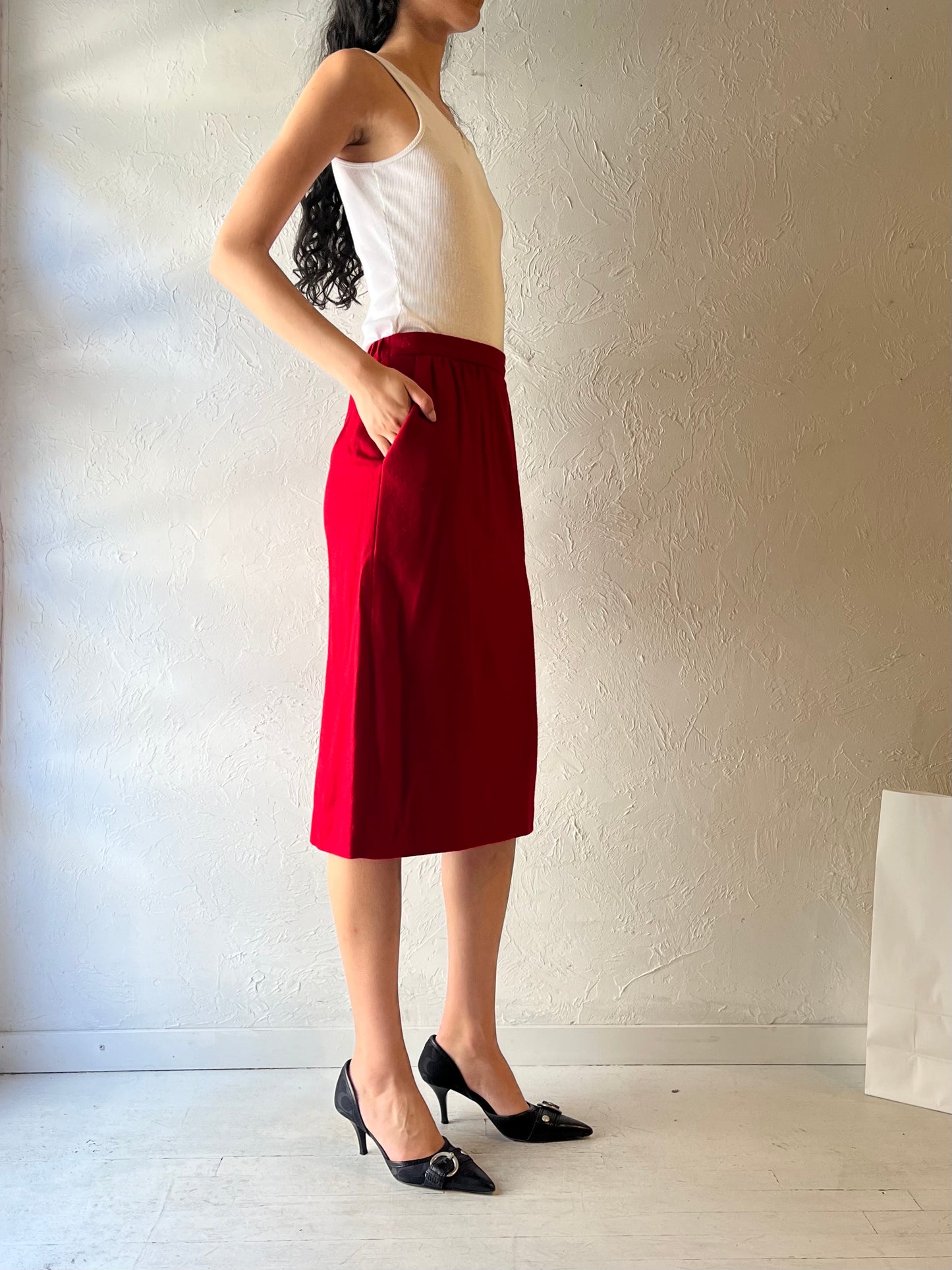 80s ‘Koret’ Red Wool Midi Skirt / Small