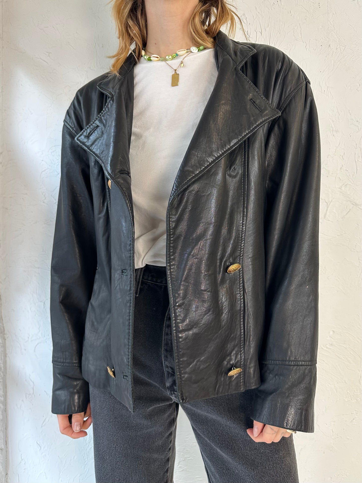 90s 'Danier' Black Leather Moto Style Jacket / Medium