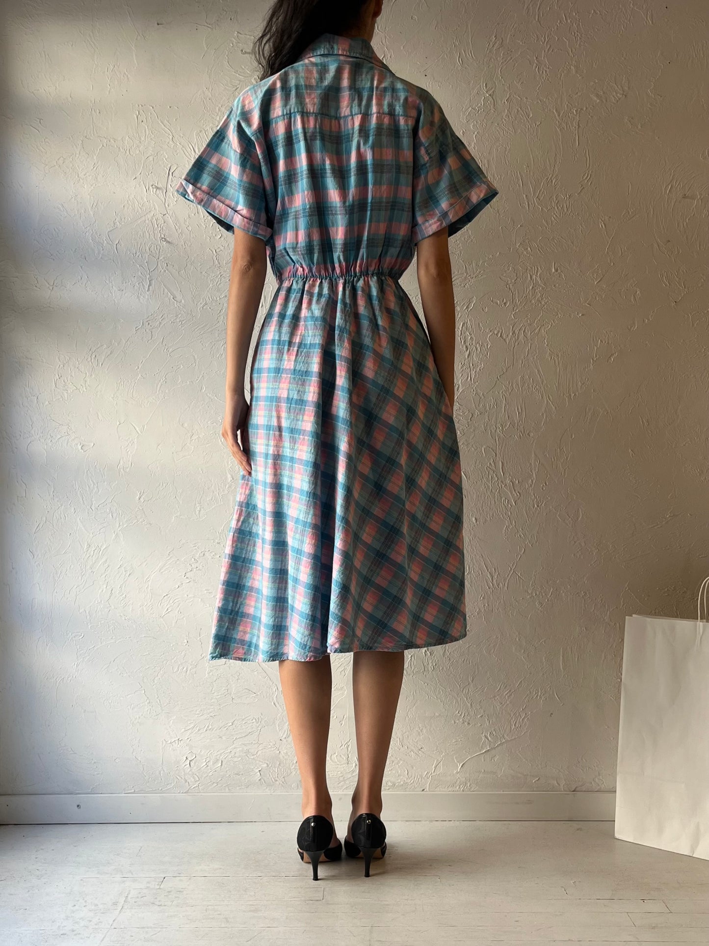 70s ‘Traditions Sears’ Blue Plaid Collared Dress / Small