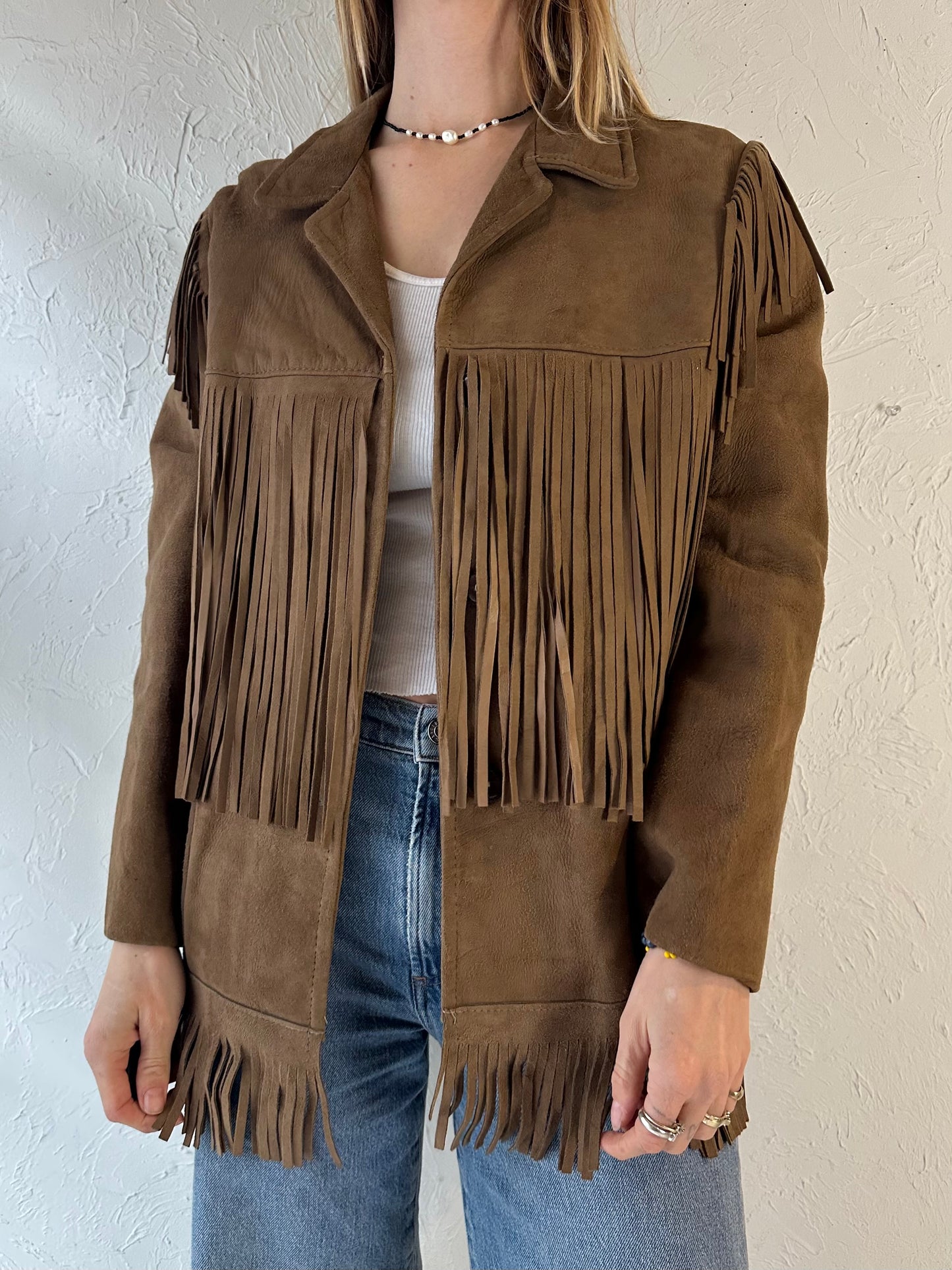 Vintage Brown Suede Leather Western Fringe Jacket / Small