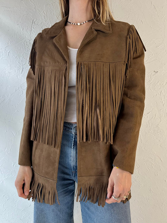 Vintage Brown Suede Leather Western Fringe Jacket / Small