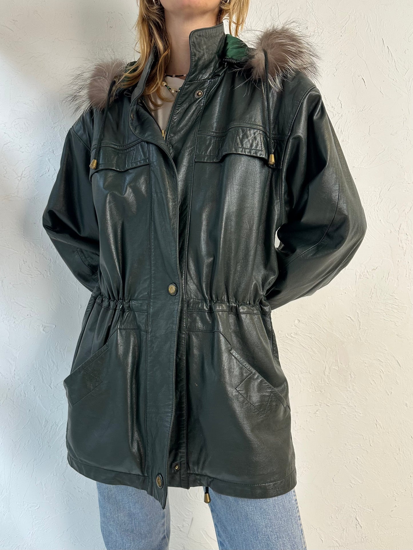 Y2k 'New Trend' Green Leather Drawstring Jacket / Medium