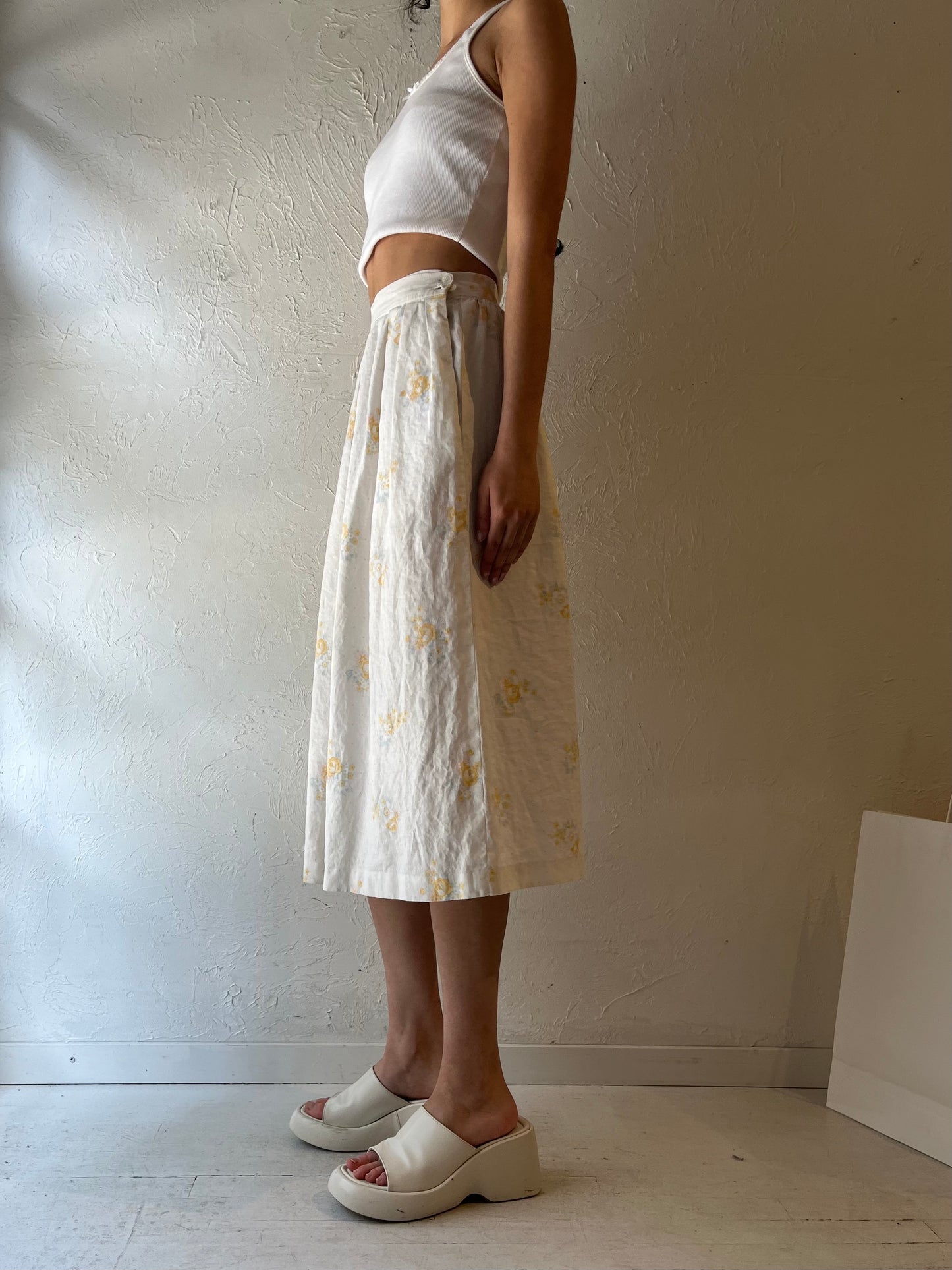 90s ‘Laura AdamS’ Linen Floral Print Midi Skirt / Small