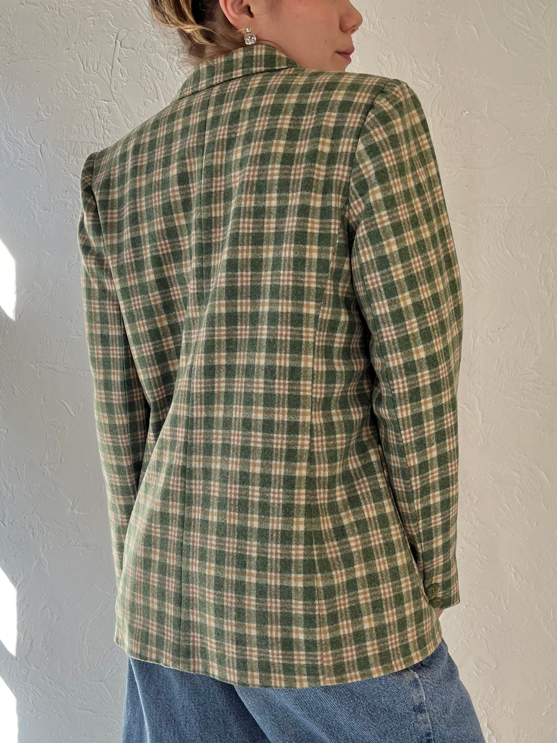 Vintage Green Plaid Knit Blazer Jacket / Small