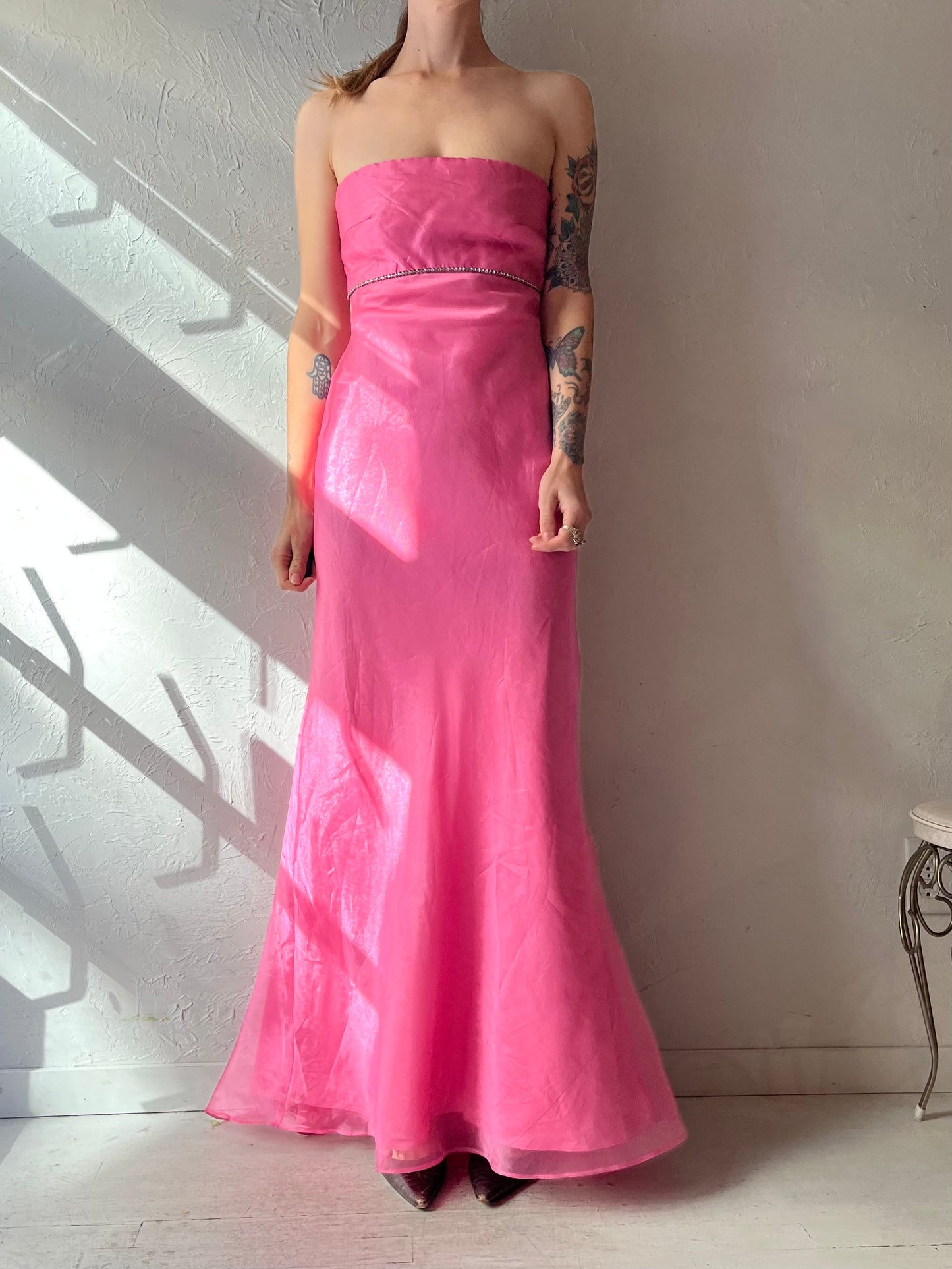 90s 'Venessa Stevens' Formal Pink Strapless Maxi Dress / Small