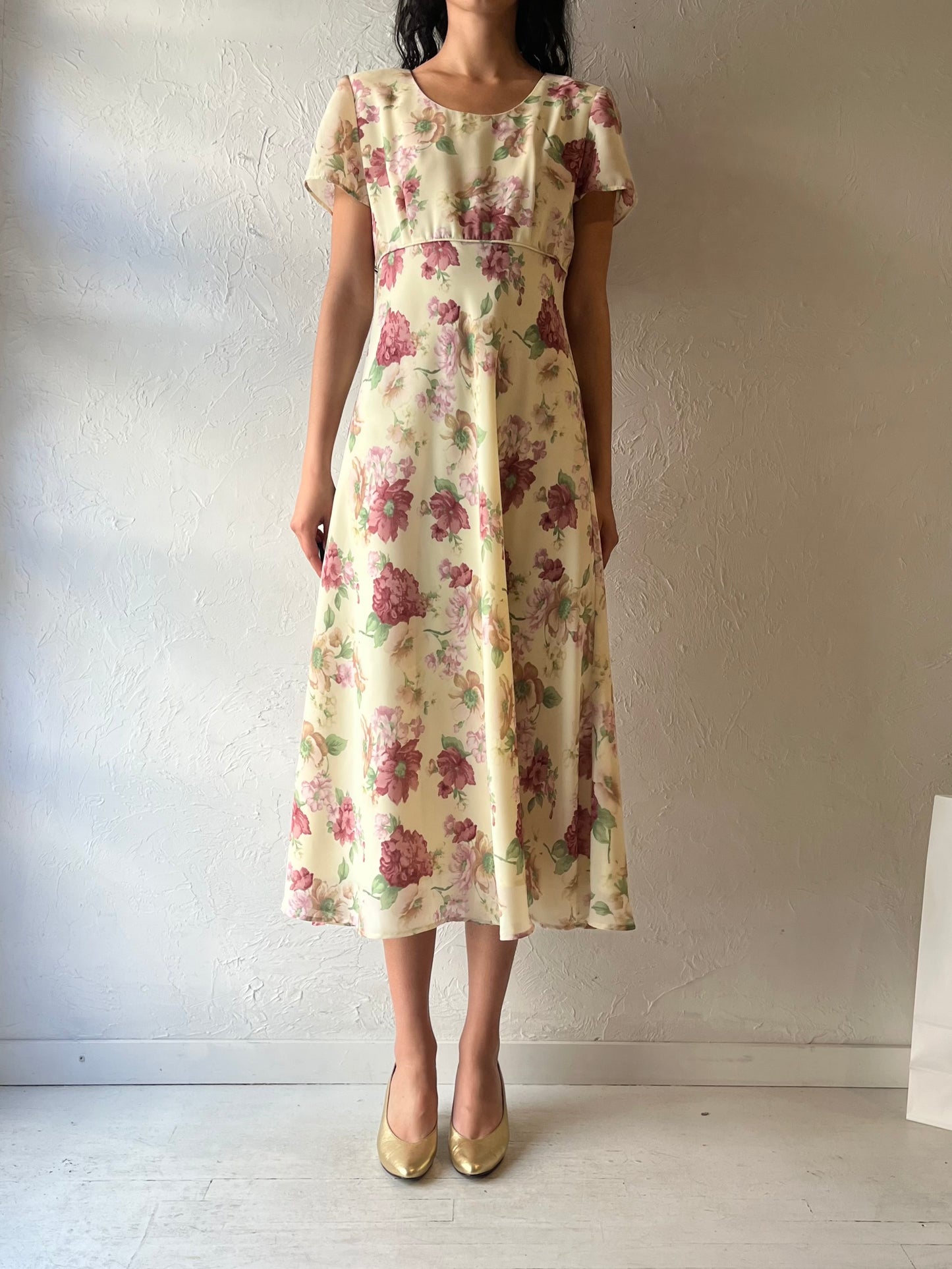 90s ‘Scarlet International’ Yellow Floral Midi Dress / Medium