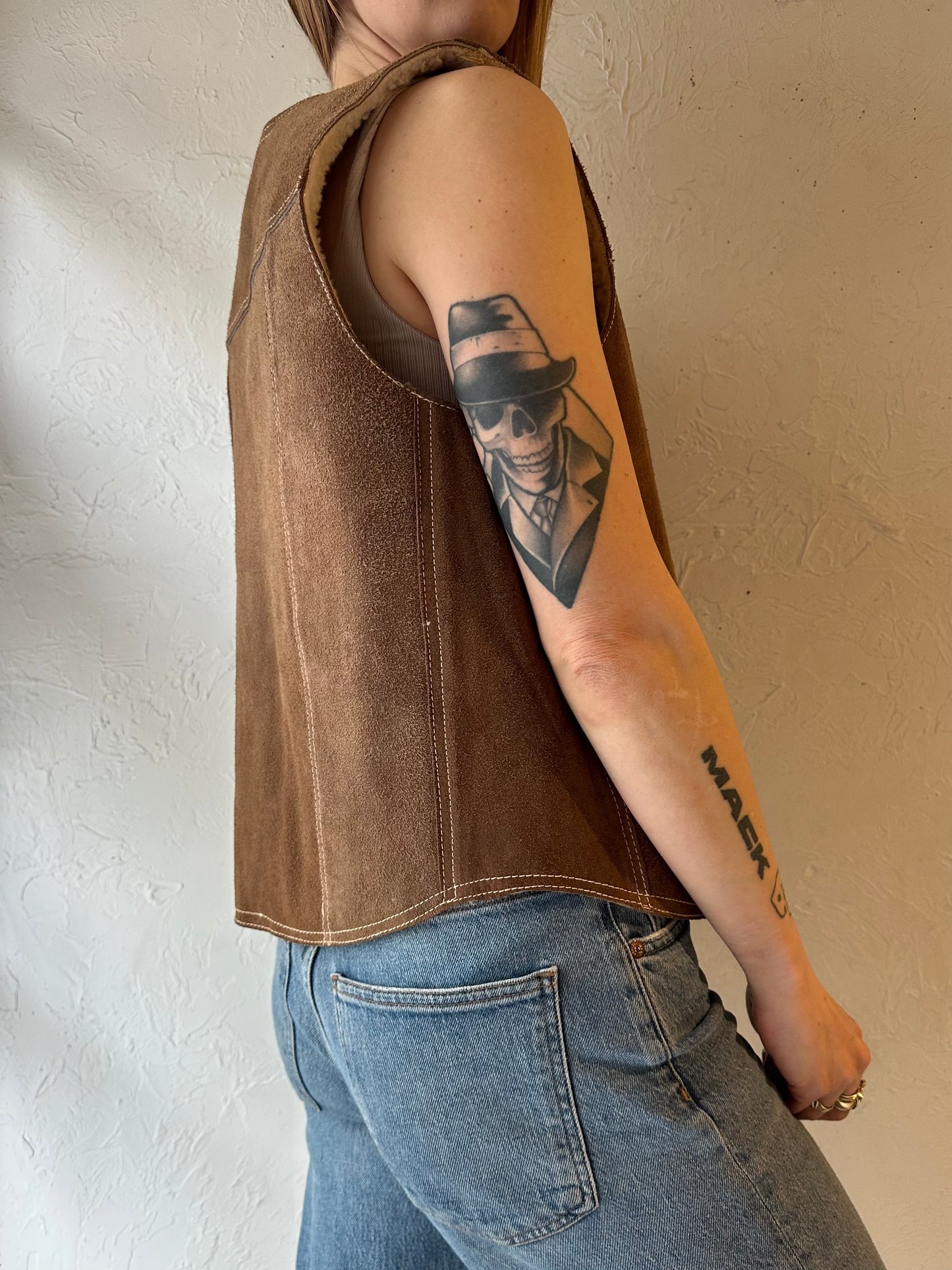 70s Beige Suede Leather Shearling Lined Vest / Medium