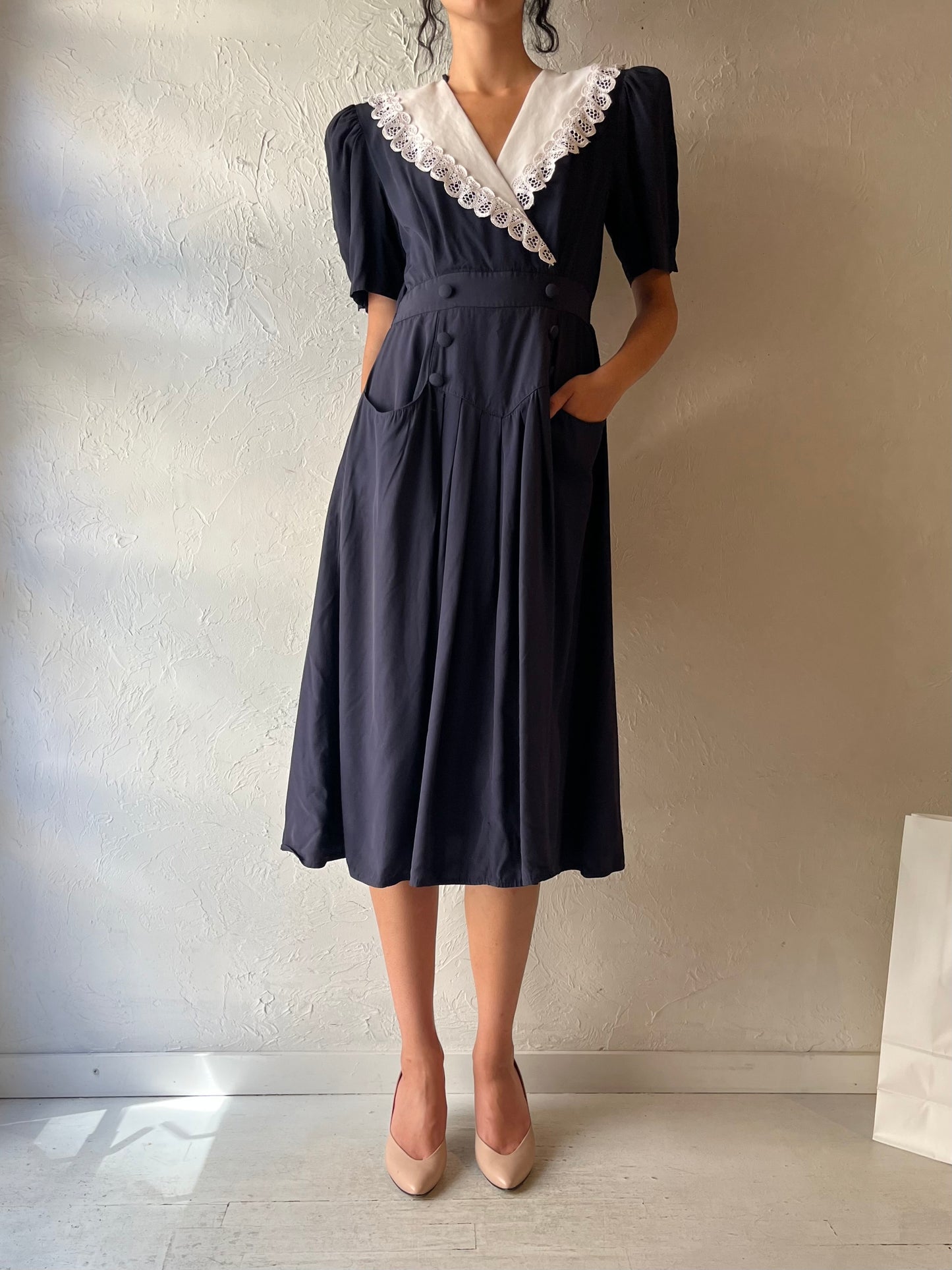 80s 'Scarlett' Black Collared Dress / Small