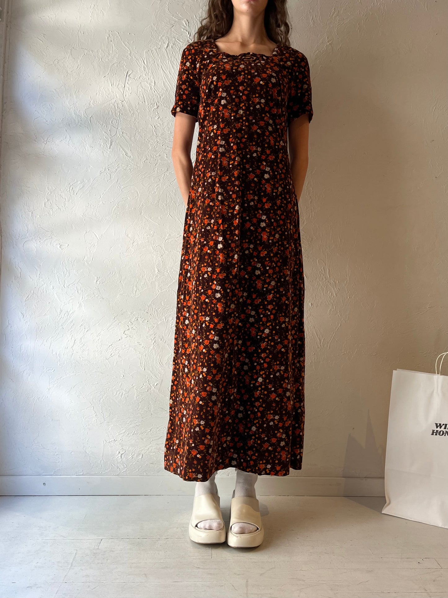 Vintage Handmade Brown Velvet Floral Dress / Medium