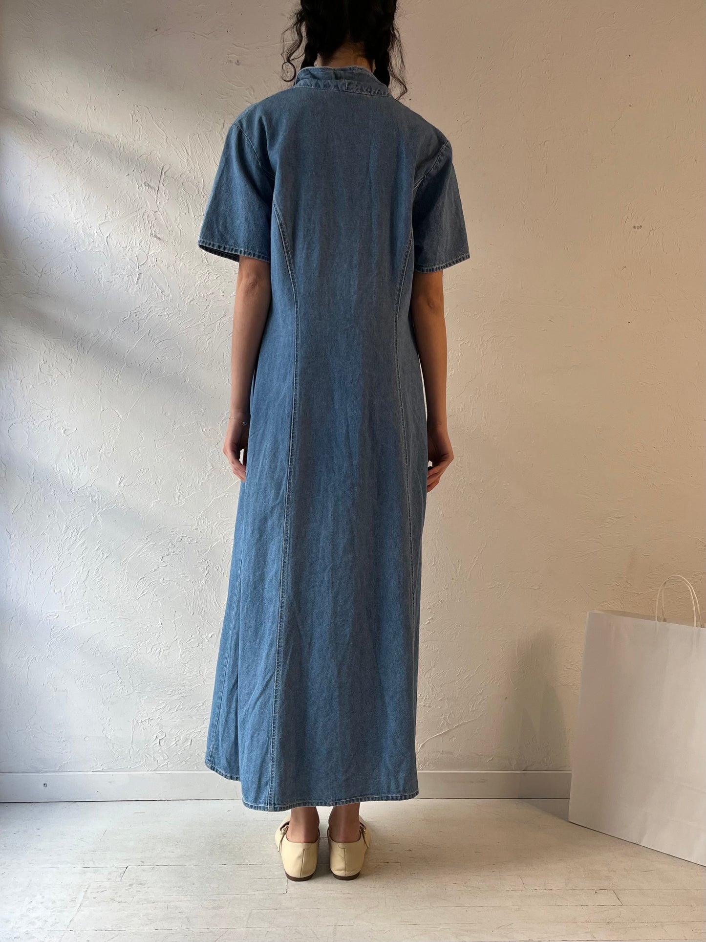 90s ‘Tickets’ Embroidered Denim Dress / Large