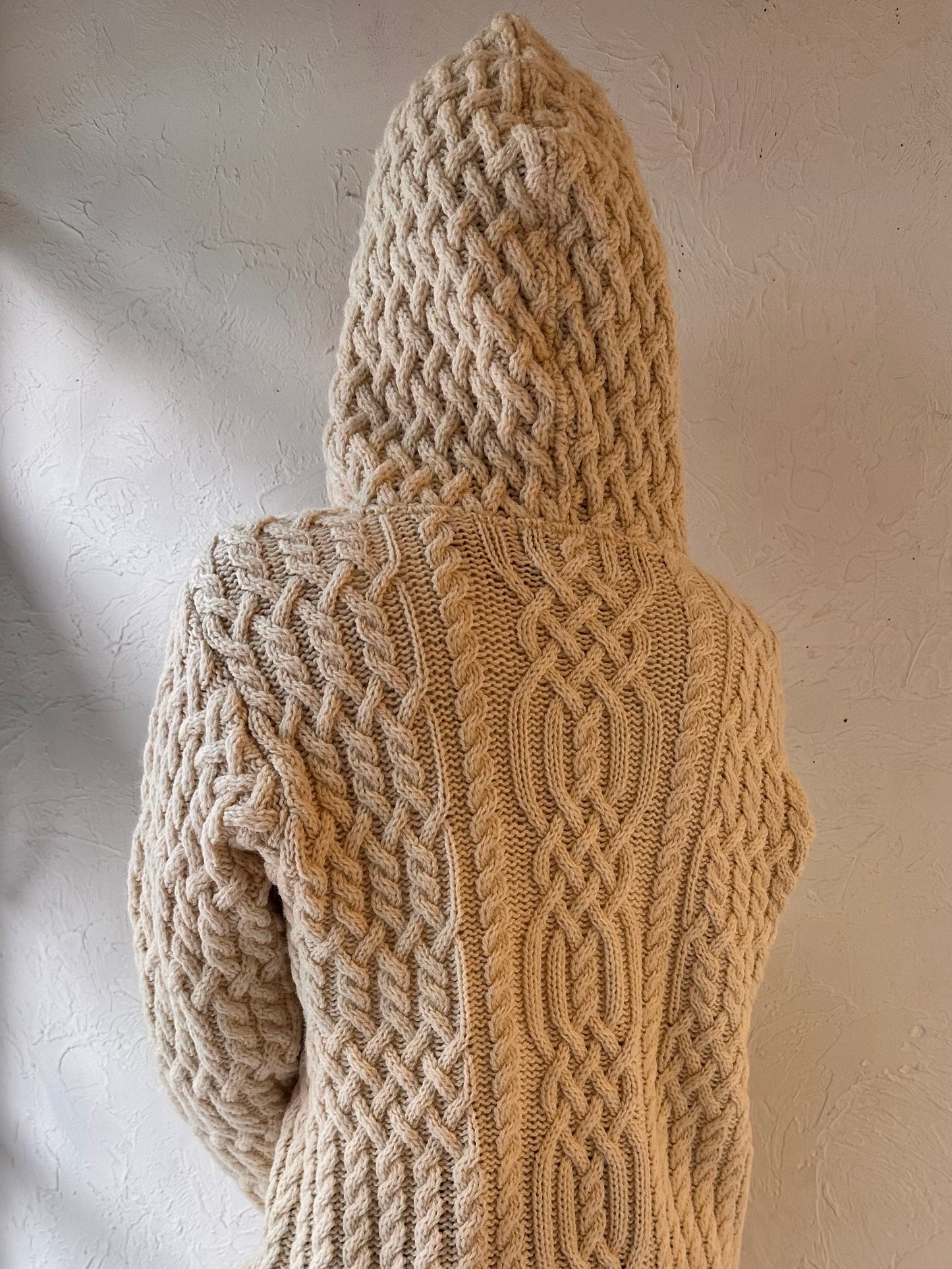 90s 'Arancrafts' Merino Wool Cream Cable Knit Cardigan Sweater / Medium