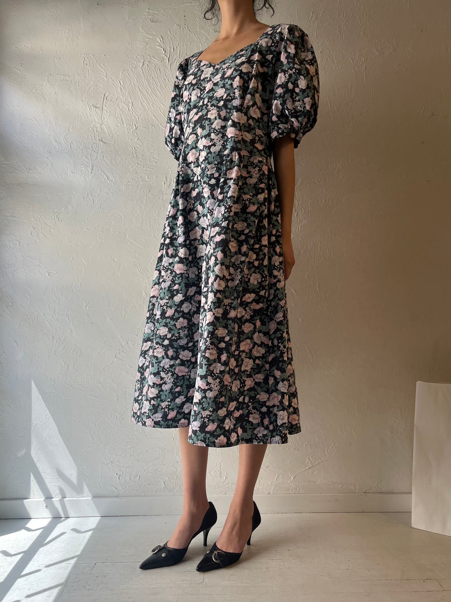 90s Handmade Puff Sleeve Floral Dress / Large