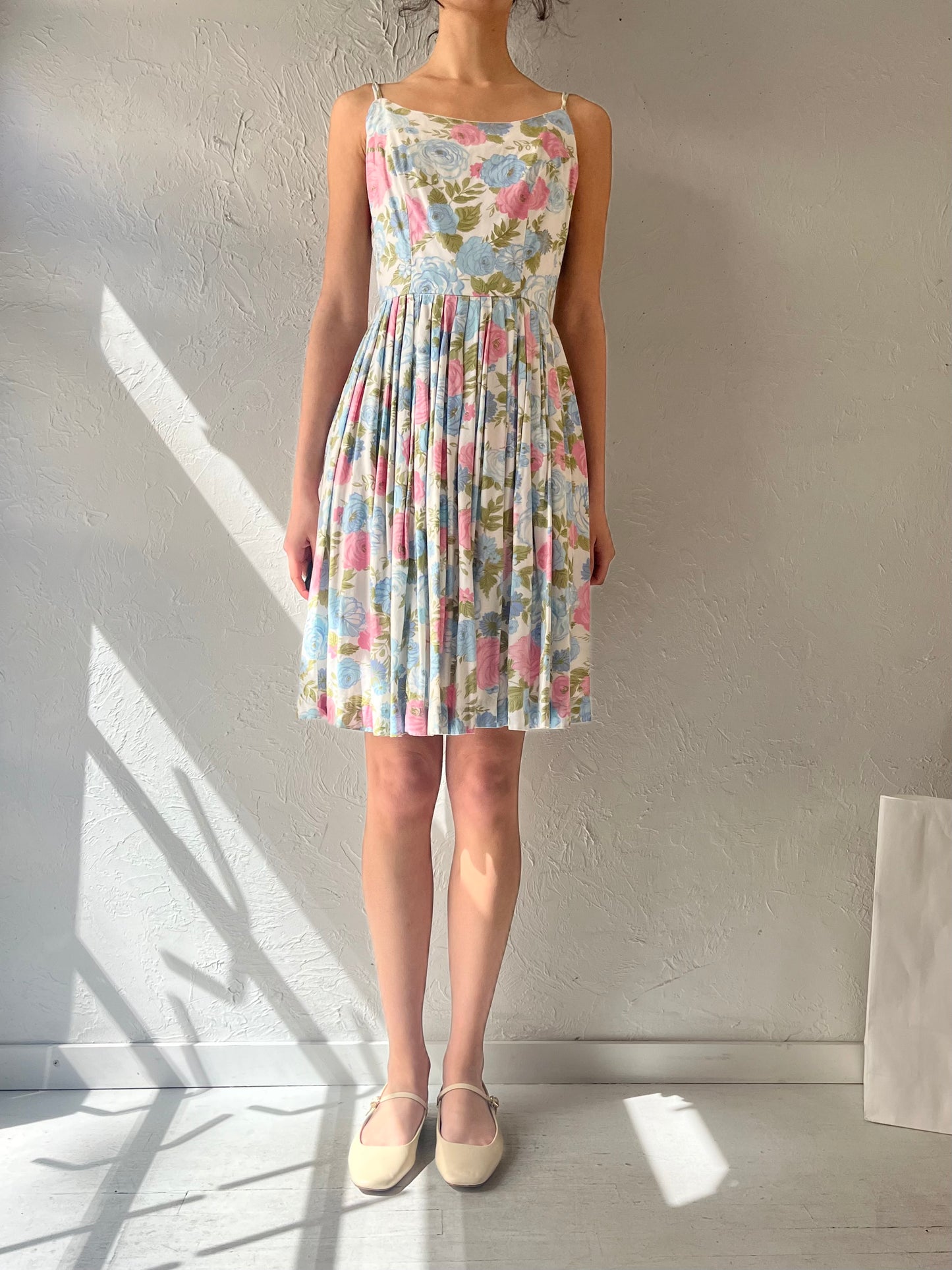 60s Cotton Floral Print A line Spaghetti Strapped Sun Dress / Small
