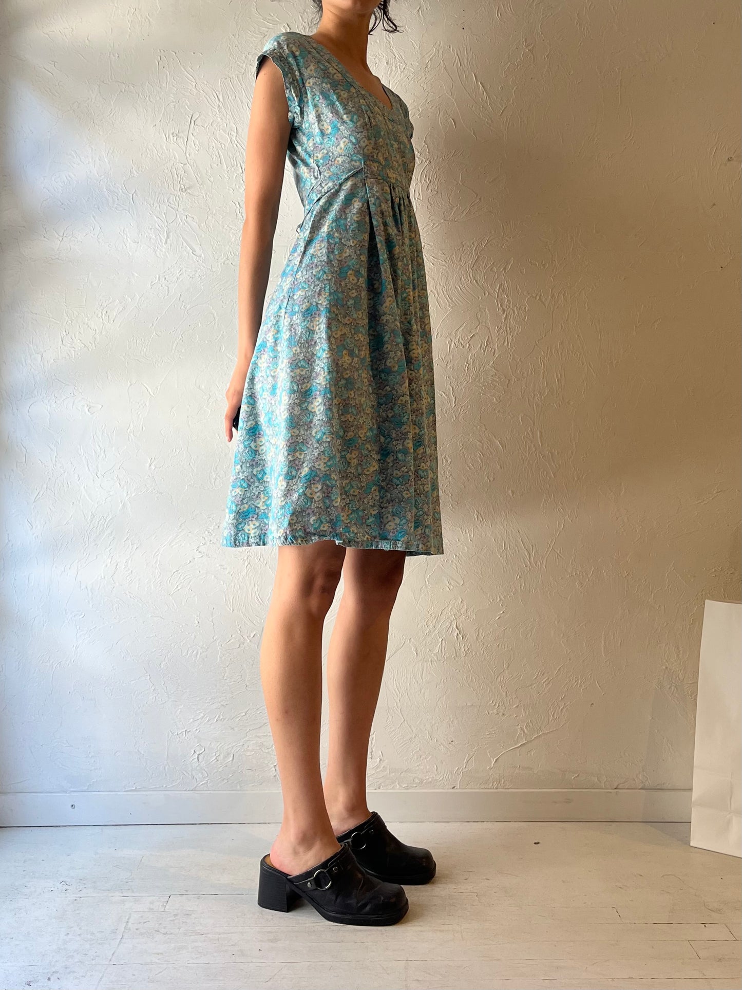 80s ‘Bobby’s Place’ Blue Floral Mini Dress / Small