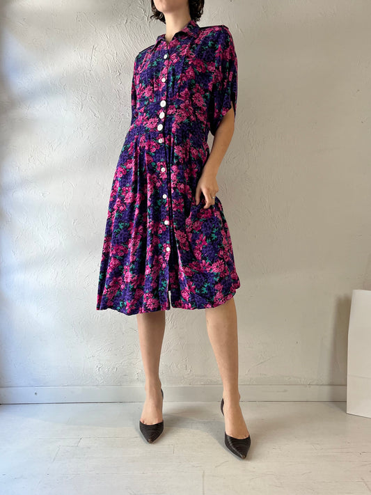 90s 'Caroline Wells' Floral Print Rayon Dress / Medium