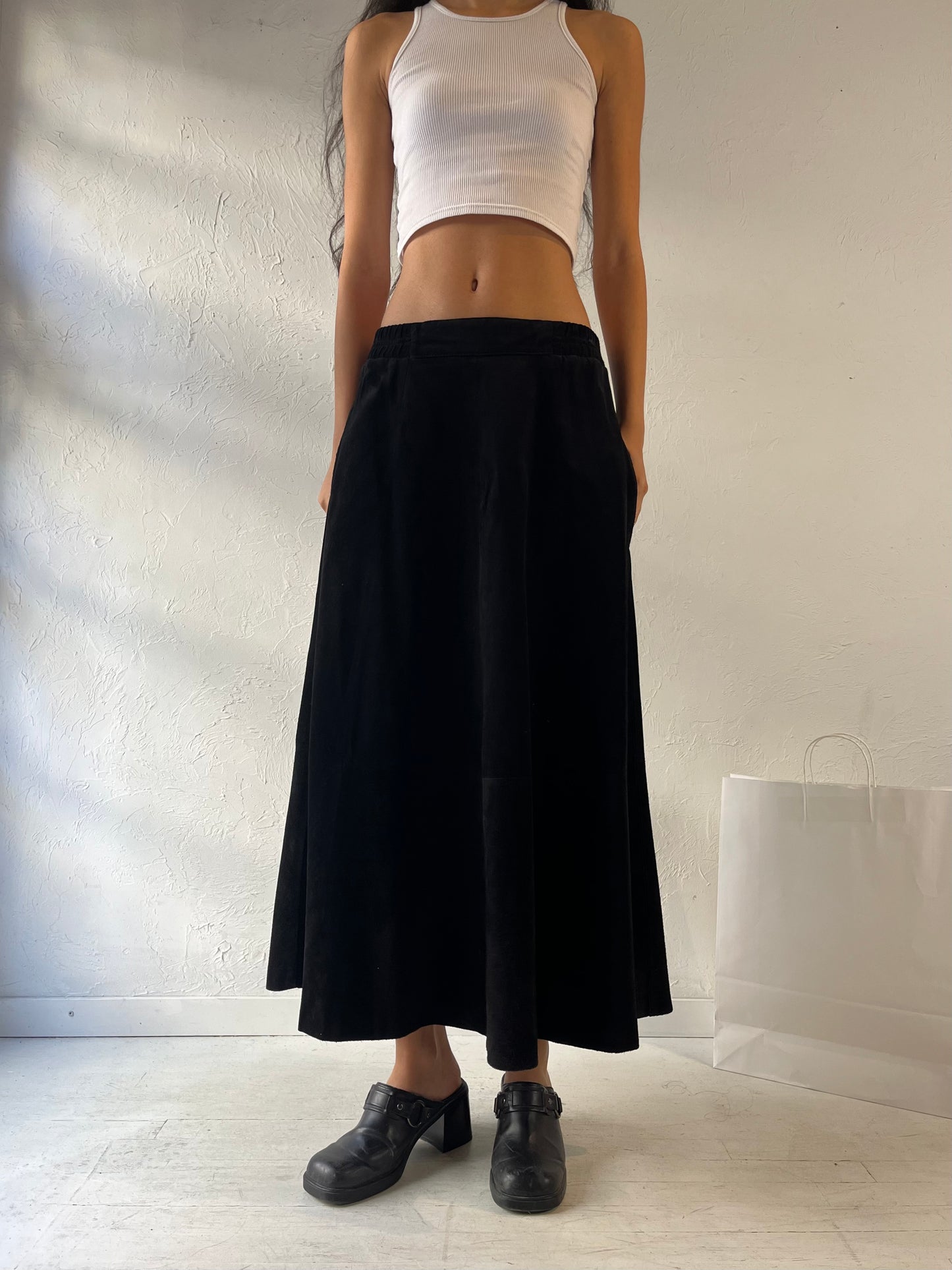 90s 'Choses' Black Suede Leather Maxi Skirt / Small - Medium