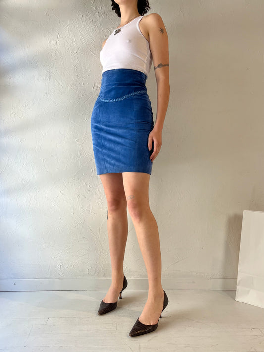 90s 'Danier' Blue Suede Pencil Skirt / Small