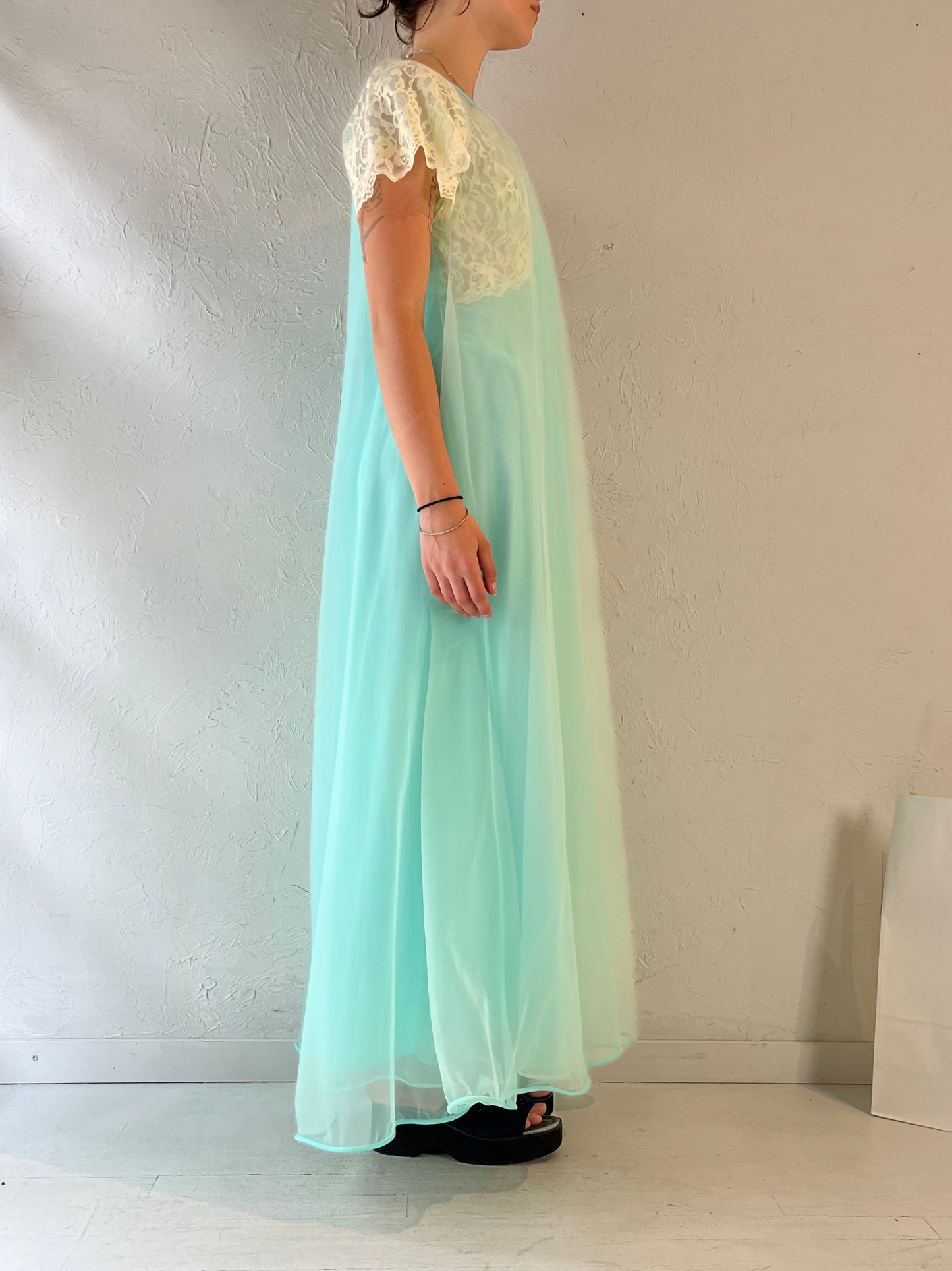 80s 'Linda Lingerie' Blue Night Gown Robe Set / Small - Medium