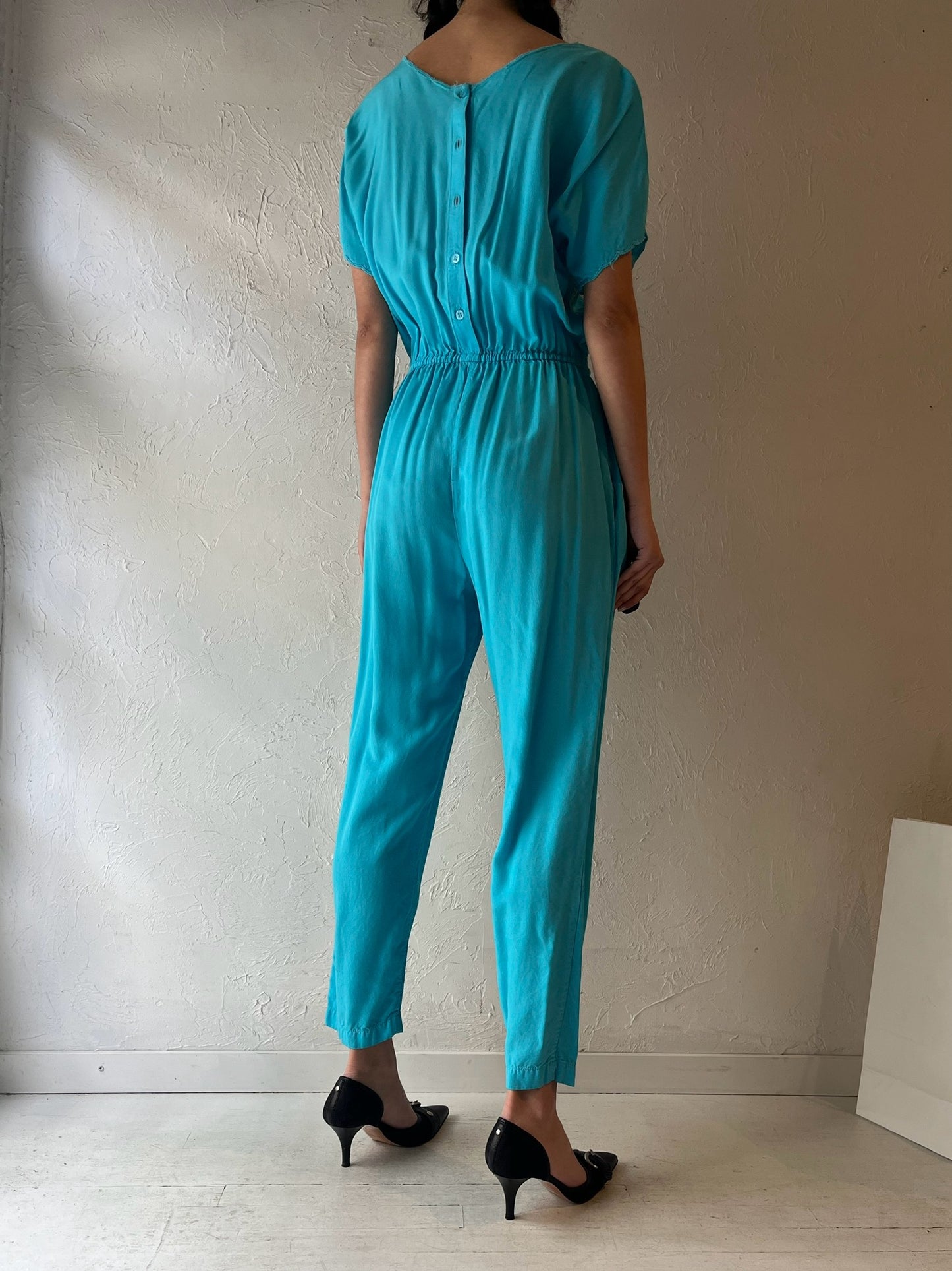 70s ‘Hibis’ Blue Crochet Jumpsuit / Small