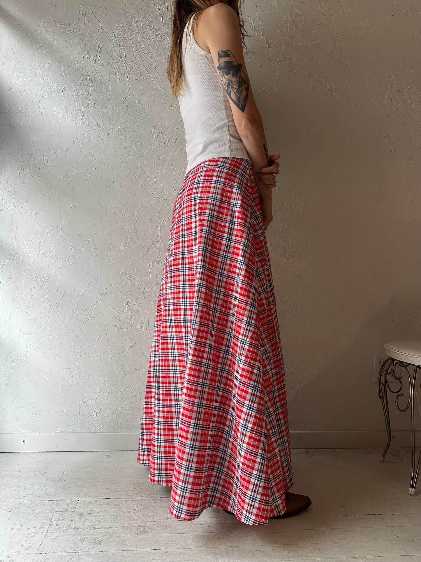 70s 'Rosecrest' Red Plaid Maxi Skirt / Small