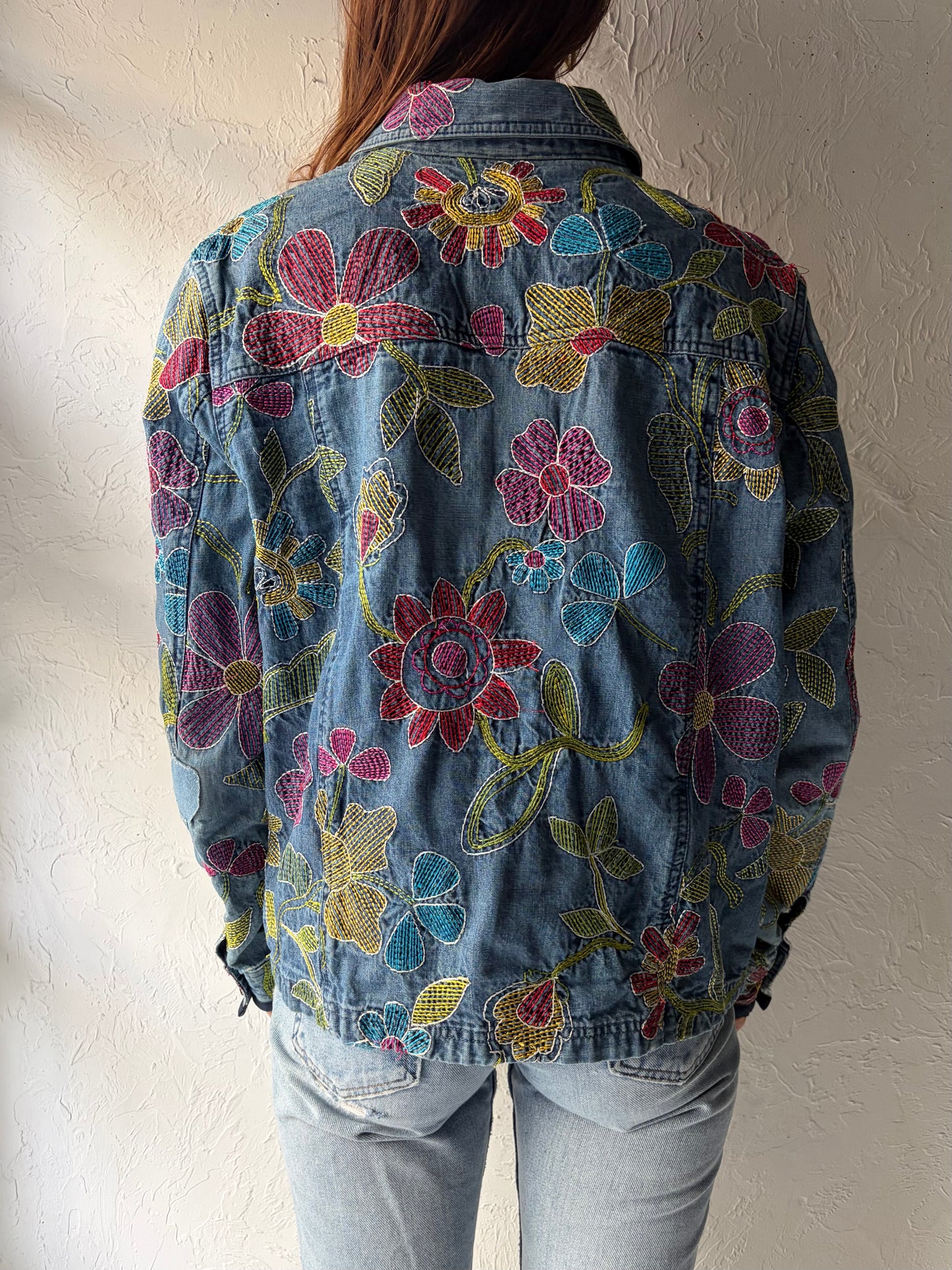Y2k Floral Denim Retro Boho Jacket / 2000s Embroidered Cottagecore Jean Jacket / Large