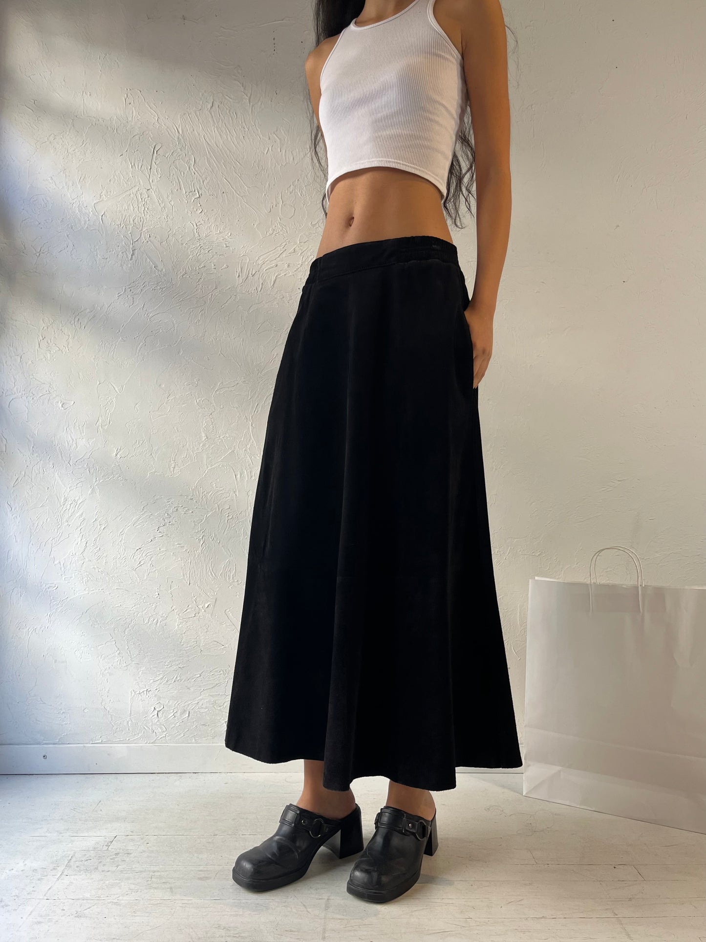 90s 'Choses' Black Suede Leather Maxi Skirt / Small - Medium