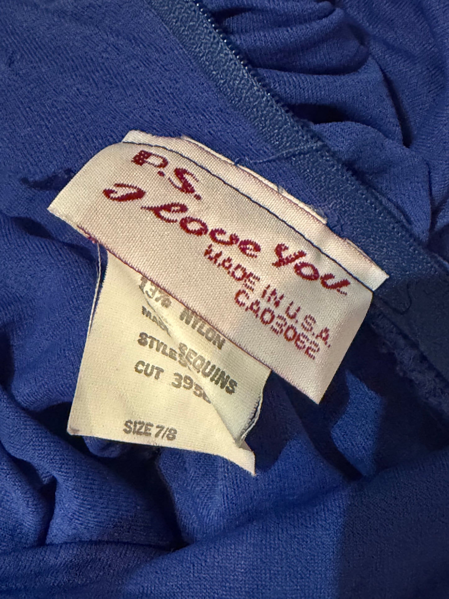 80s 'PS I Love You' Blue Ruched Sequin Dress / Medium