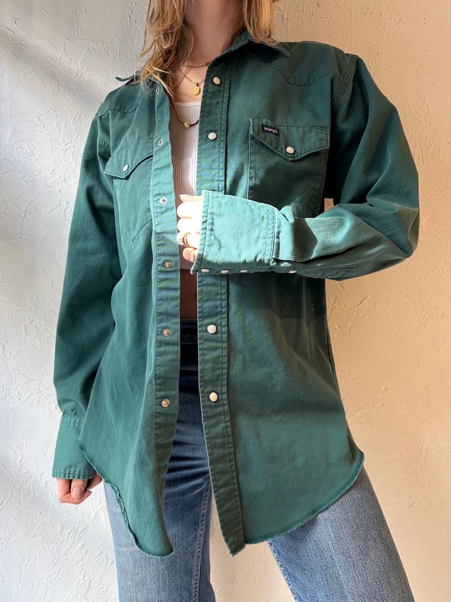 Y2k 'Wrangler' Green Thick Cotton Pearl Snap Shirt / Medium