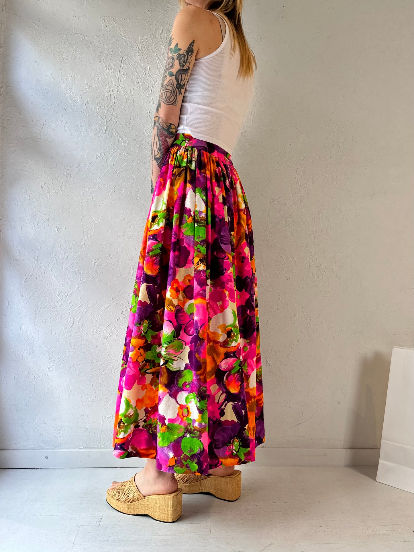 70s Handmade Floral Midi Skirt / Small