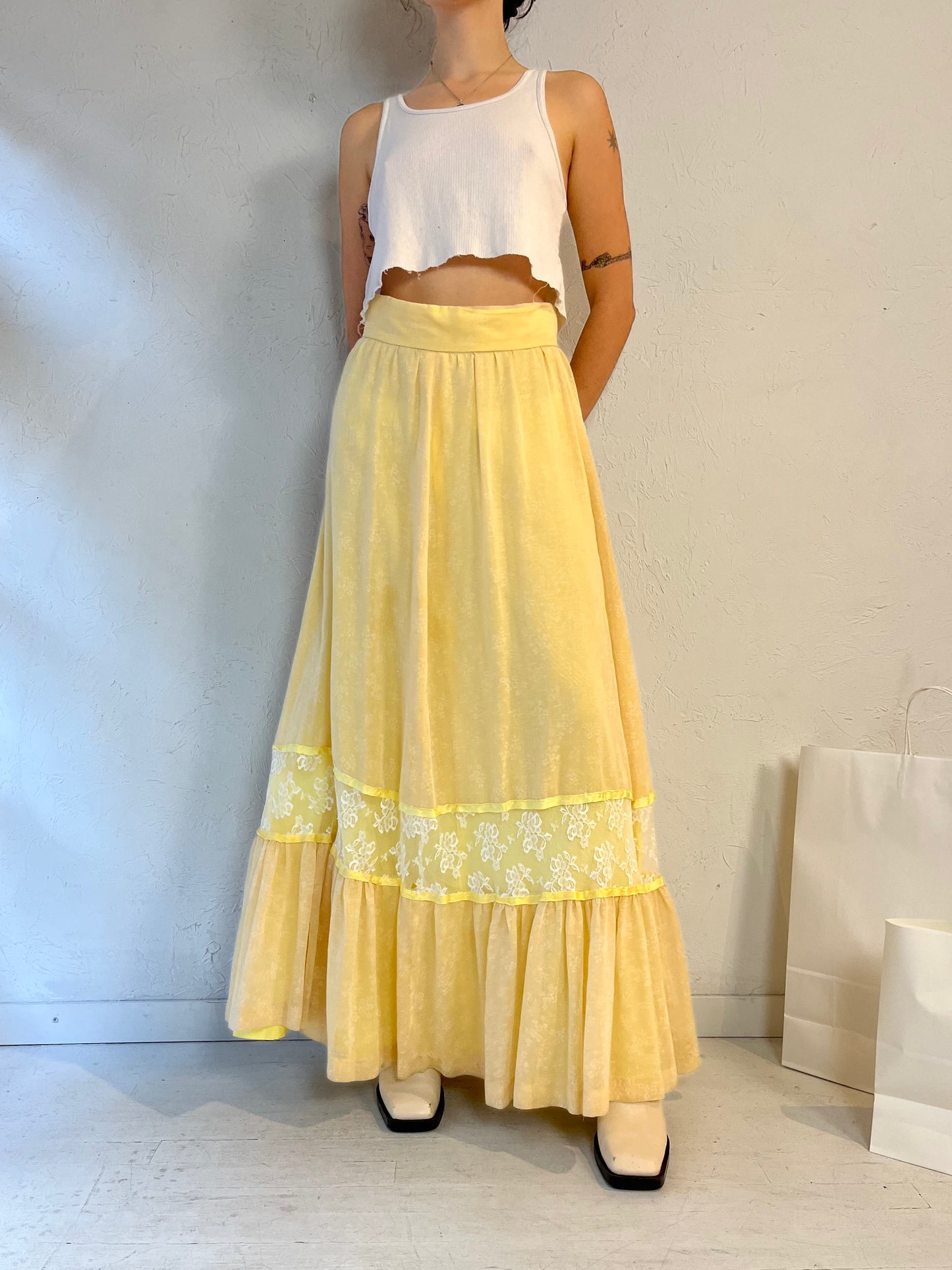 Vintage Handmade Pale Yellow Peasant Skirt / Medium