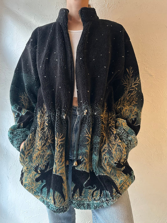 90s 'Mazmania' Winter Tree Print Fleece Jacket / Large