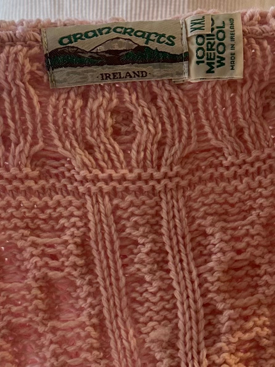 Vintage 'Arancrafts' Pink Merino Wool Cable Knit Cardigan Sweater / XXL