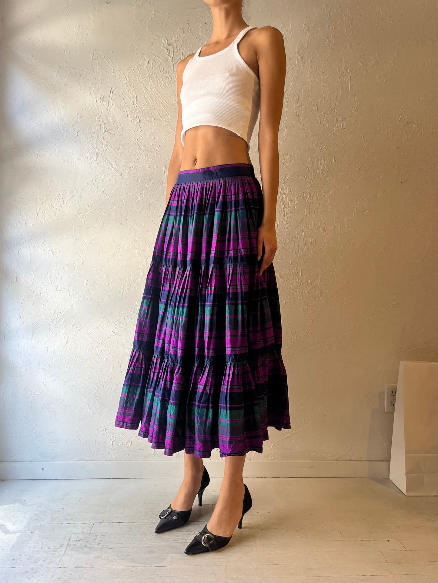 Silk Purple Plaid Pleated Midi Skirt / Small