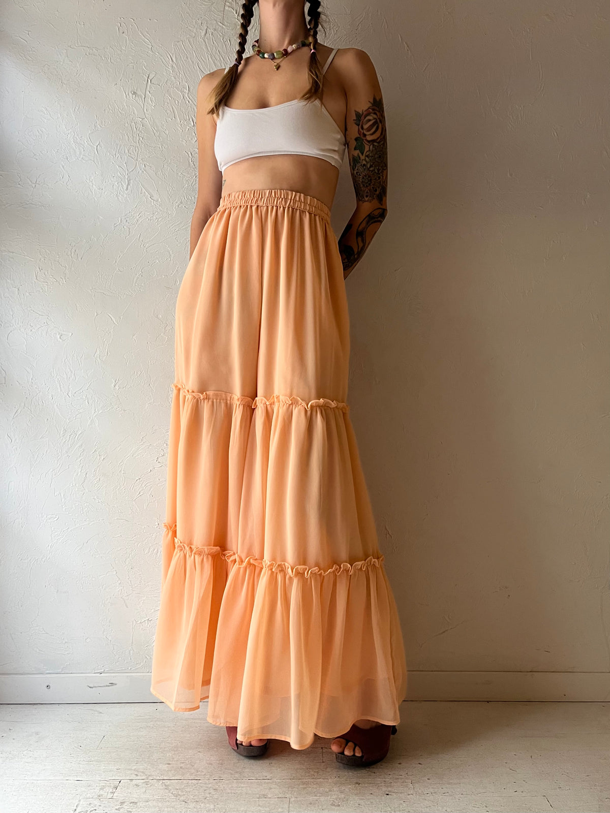Vintage Handmade Peach Palazzo Pants Retro High Waisted Wide Leg Trousers Boho Minimalist Summer Pants