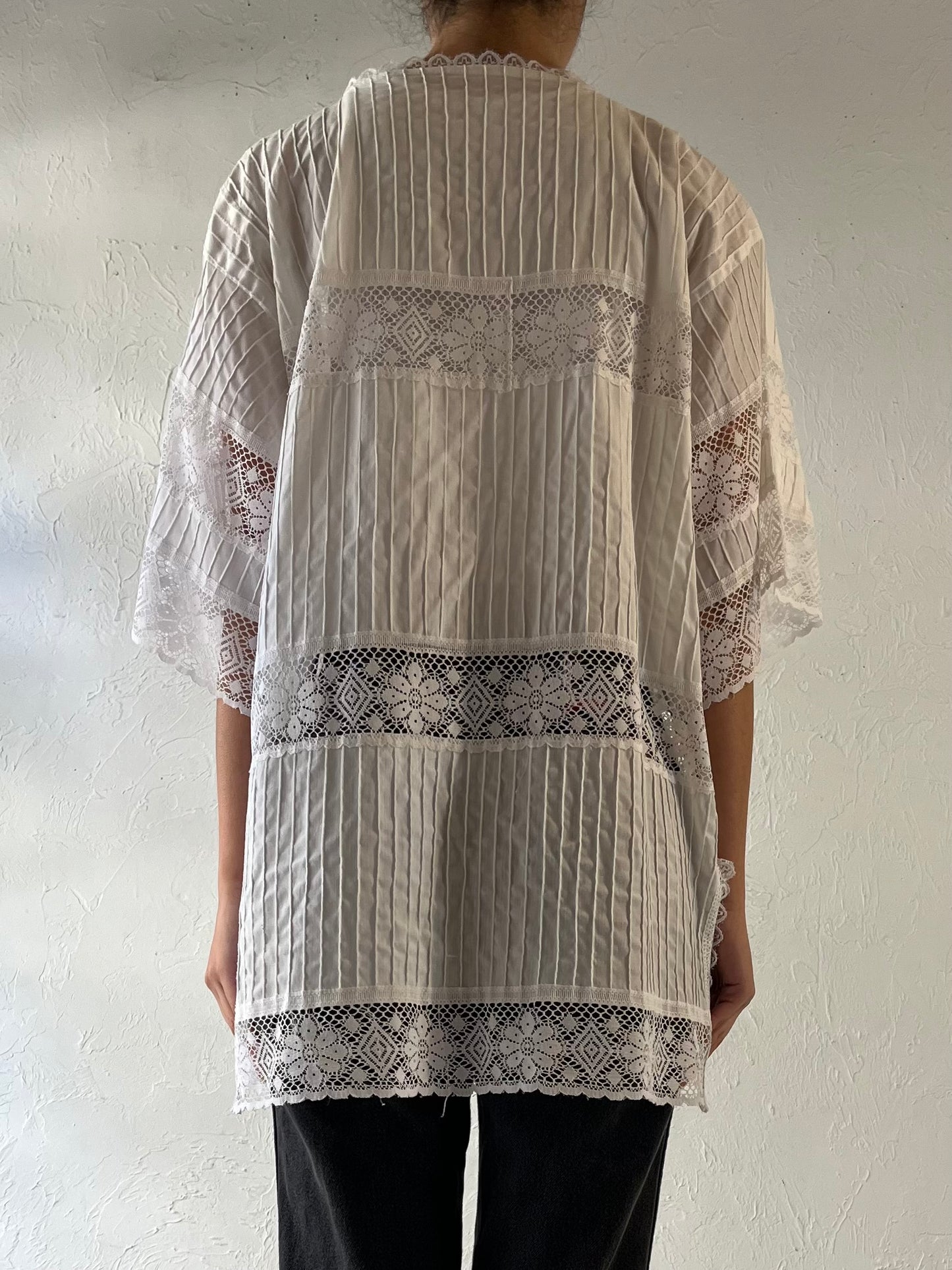 70s White Lace Button Up Blouse / Cover Up / Medium