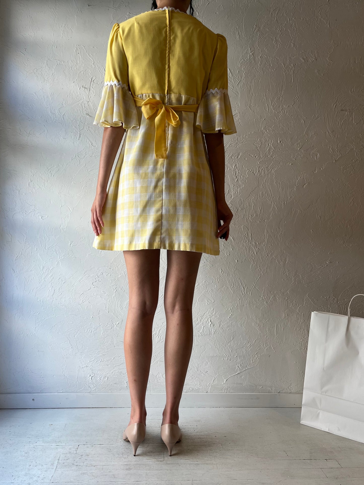 70s Hand Made Yellow Bell Sleeve Mini Dress / Small