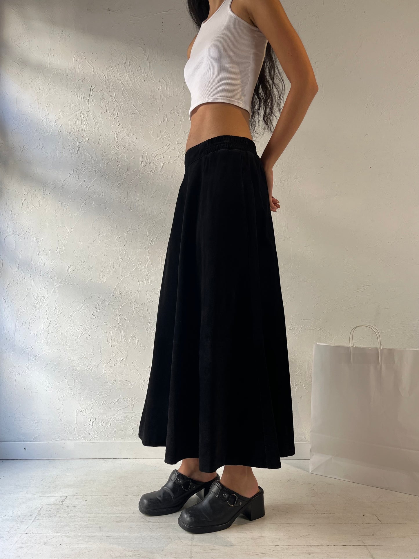 90s 'Choses' Black Suede Leather Maxi Skirt / Small - Medium